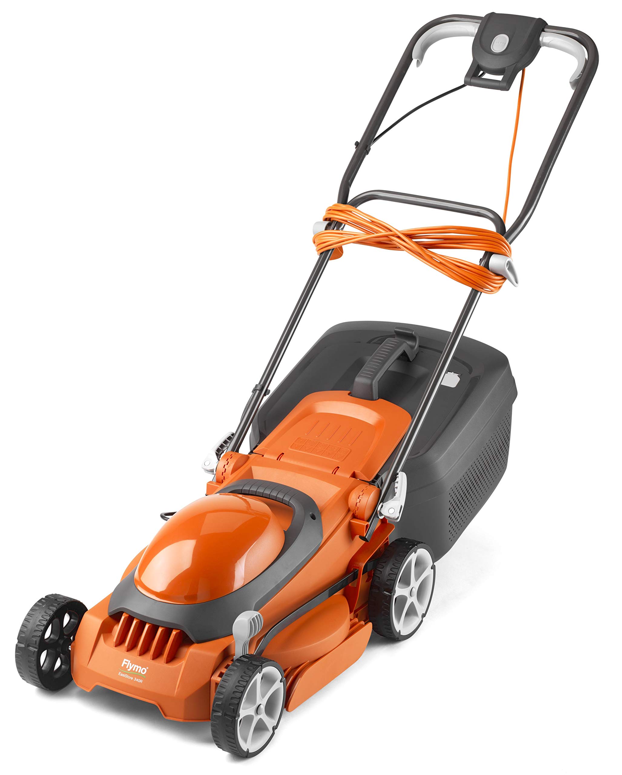 Flymo EasiStore 340R Electric Rotary Lawn Mower - 34 cm Cutting Width, 35 Litre Grass Box, Close Edge Cutting, Rear Roll