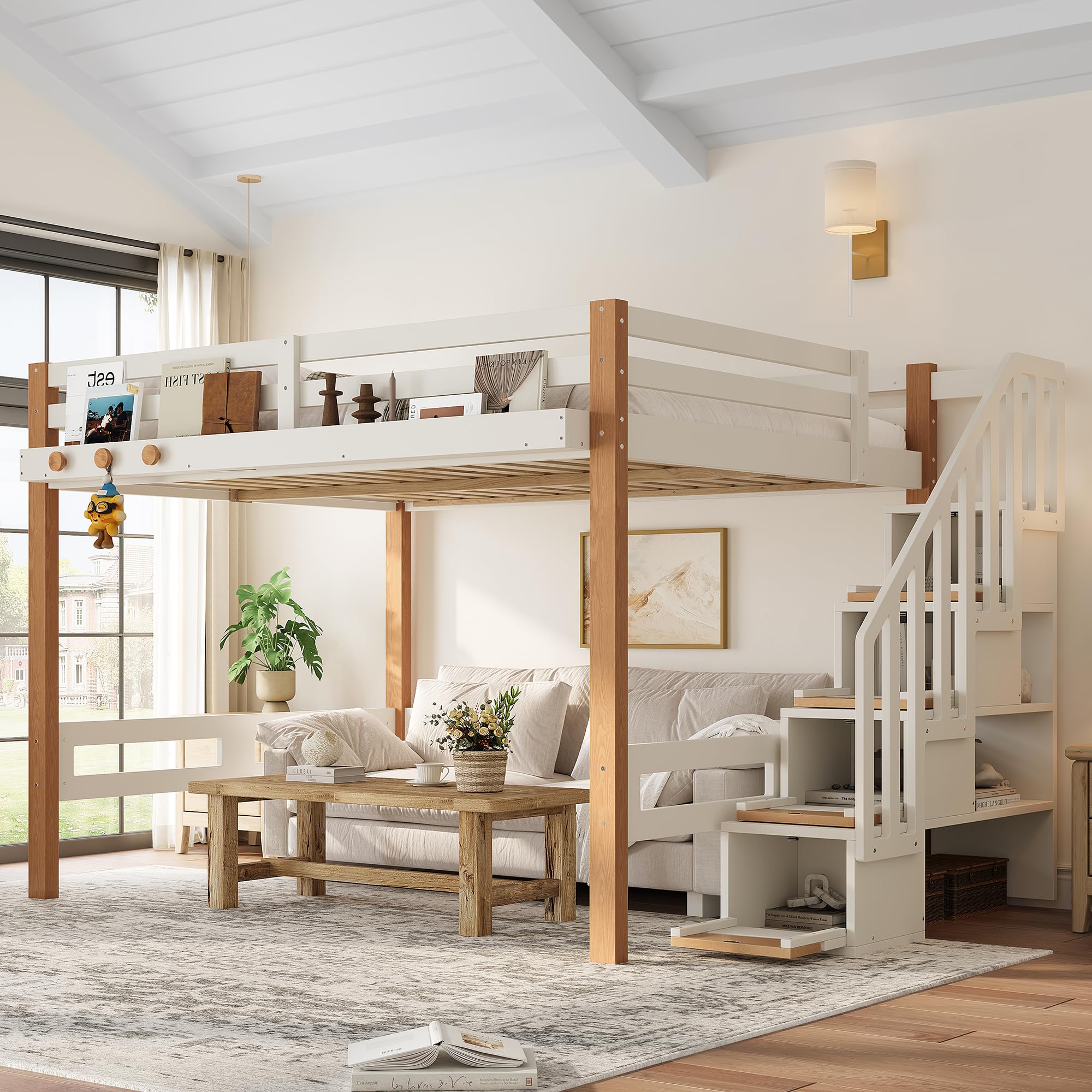 KEIKI Full Size Wooden Loft Bed Frame with Staircase & Clothes Hook & Built-in Storage Shelves, Modern Loft Bed with Sol