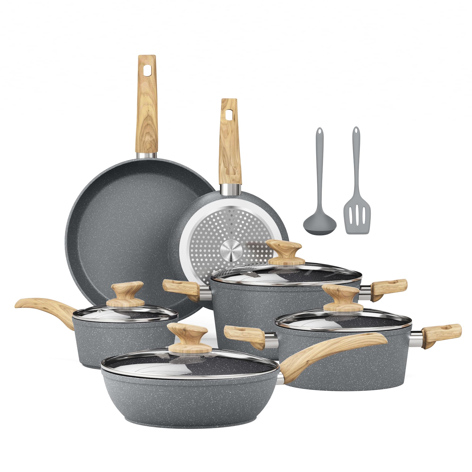 Kitchen Academy Induction Cookware Sets - 12 Piece Cooking Pan Set, Gray Granite Nonstick Pots and P