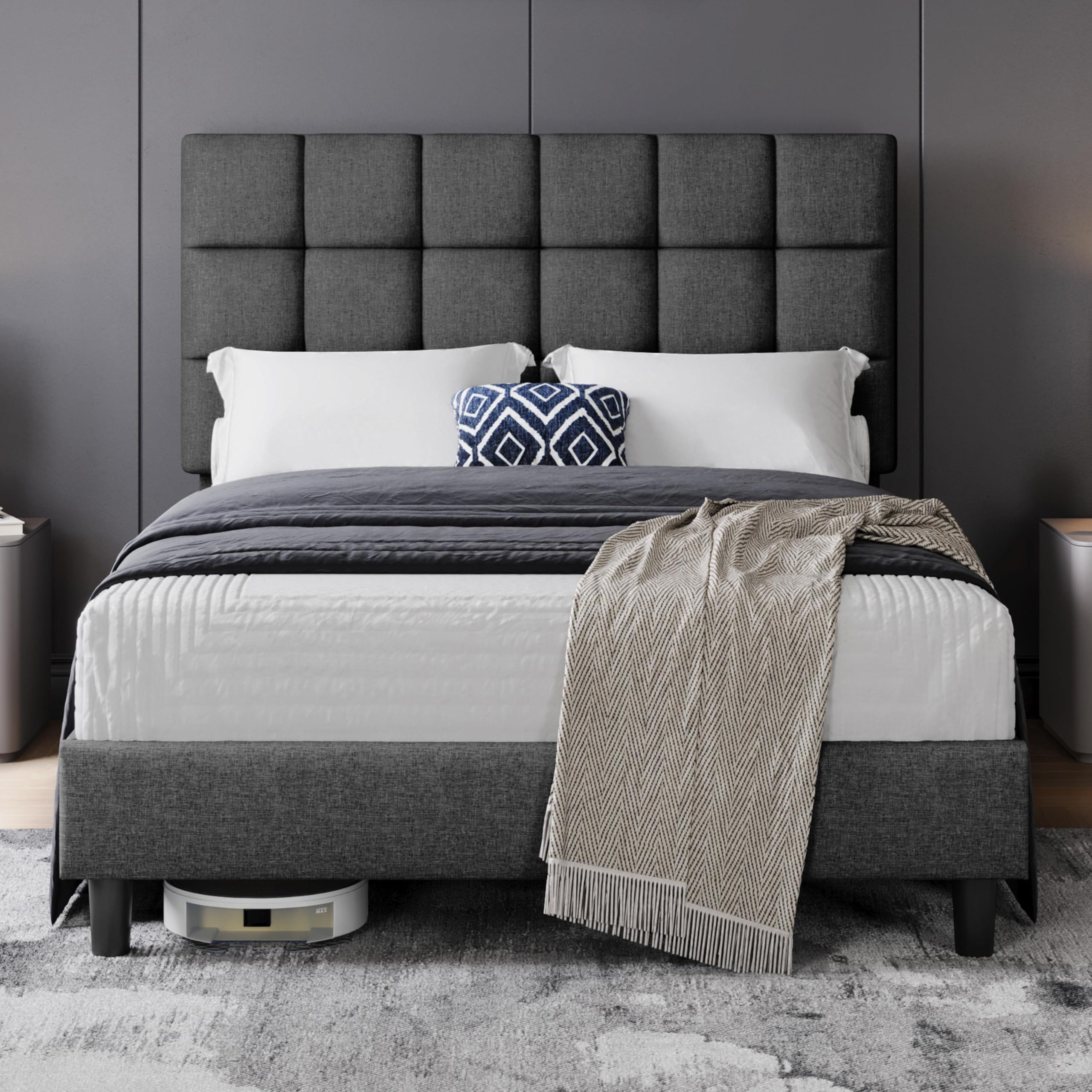 Yaheetech 4ft6 Double Bed Frame Upholstered Platform Bed with Adjustable Square Tufted Headboard/Lin