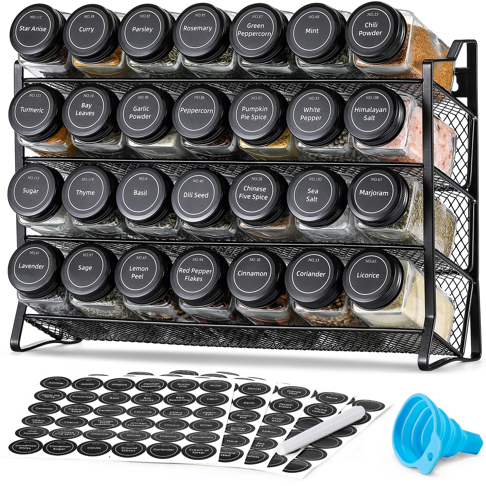 AOZITA Spice Rack Organizer for Cabinet, Spice Organizer with 28 Empty Spice Jars with Black Lids, Funnel, Spice Labels,