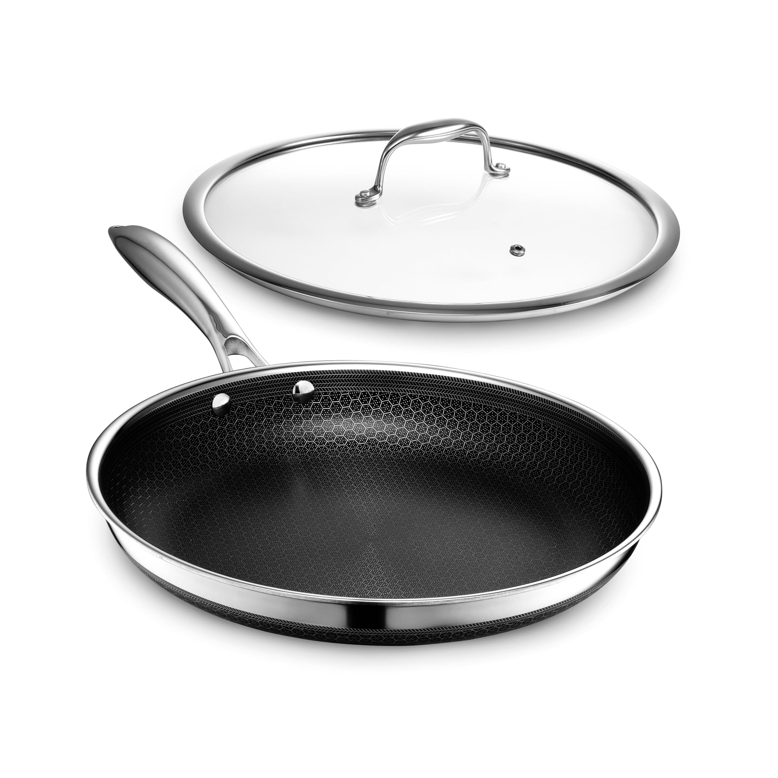 HexClad 12 Inch Hybrid Nonstick Frying Pan with Lid, Stay-Cool Handle, Dishwasher and Oven Safe, Induction Ready, Frying