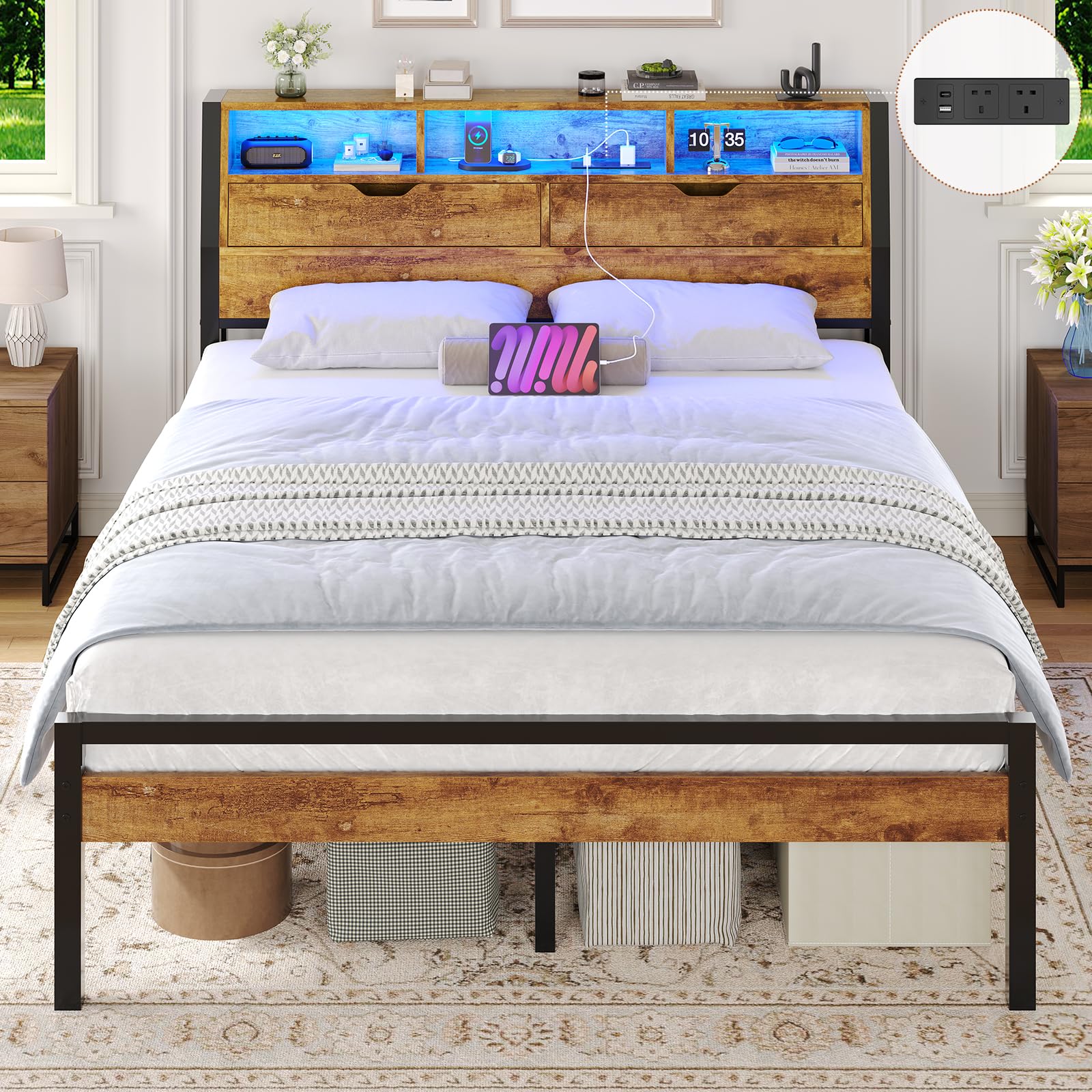 Brinlawb Double Bed Frame with Power Strip & LED Lights, Stable and Sturdy Metal Double Bed Frame wi