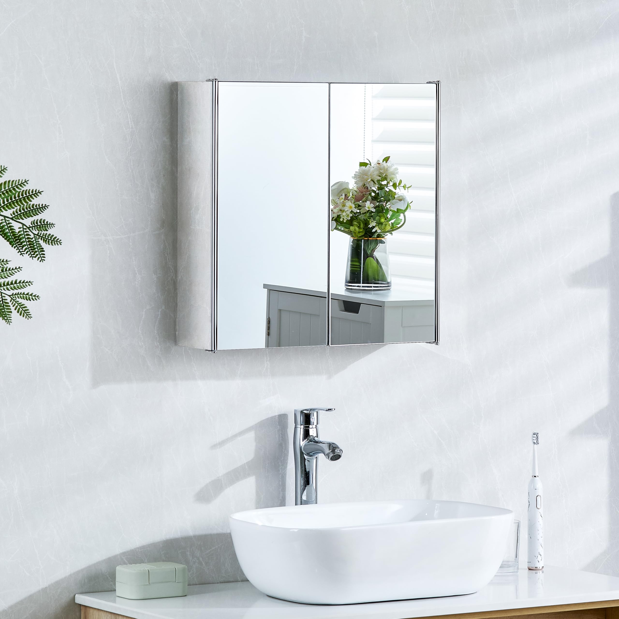Bath Vida Tiano Double-Mirror Bathroom Cabinet – Wall-Mounted Stainless Steel Modern Storage Cupboard (No Assembly Requi