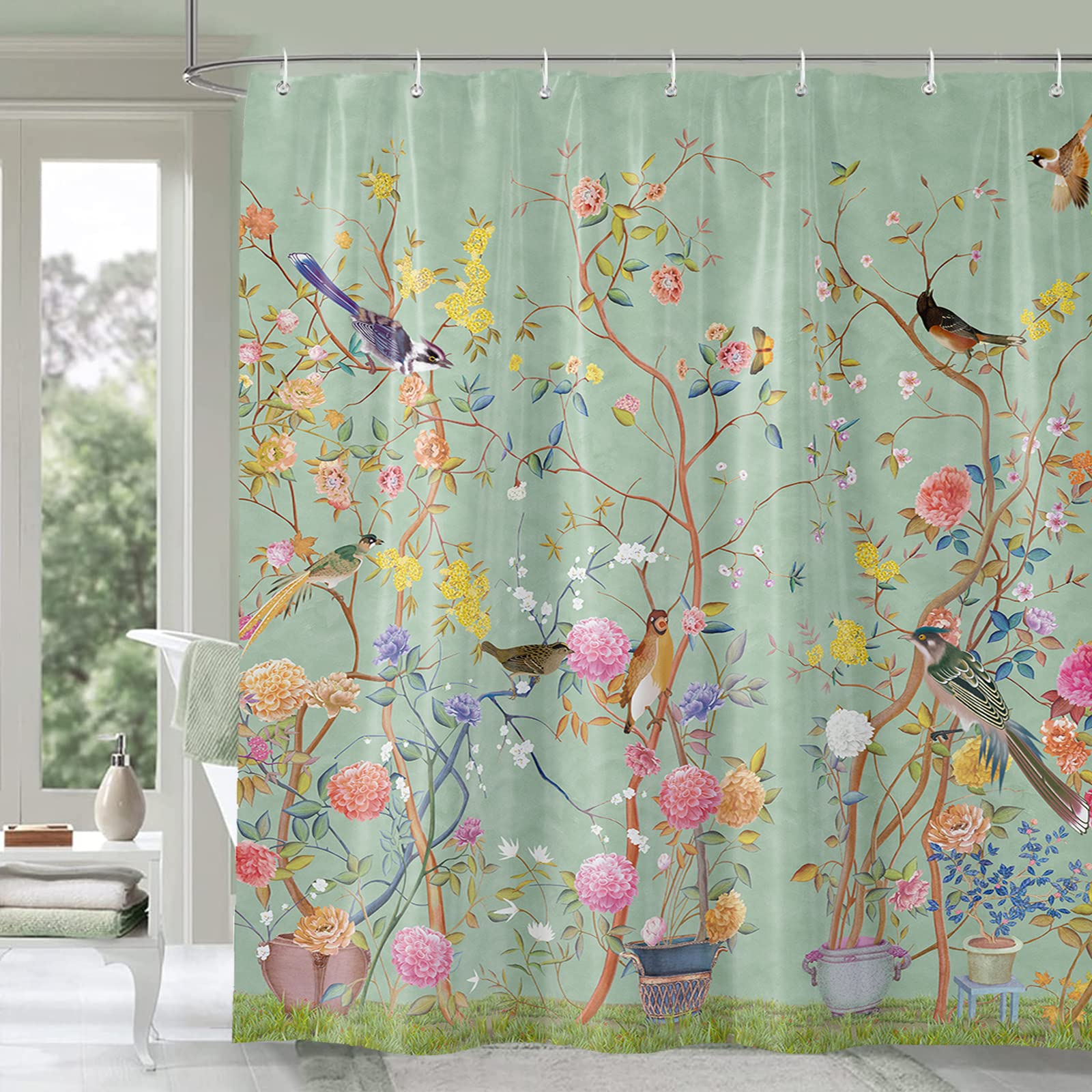 Shower Curtain Green Mould Proof Resistant Waterproof Bird Floral Bathroom Curtains with 12 hooks Quick-Drying Weighted 