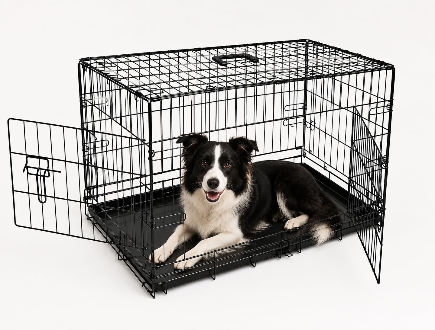 UNDERDOG Metal Dog Crate/Cage – Pet Black Metal Folding Cage with 2 Doors Sliding Chew Resistant Plastic Base Tray Heavy