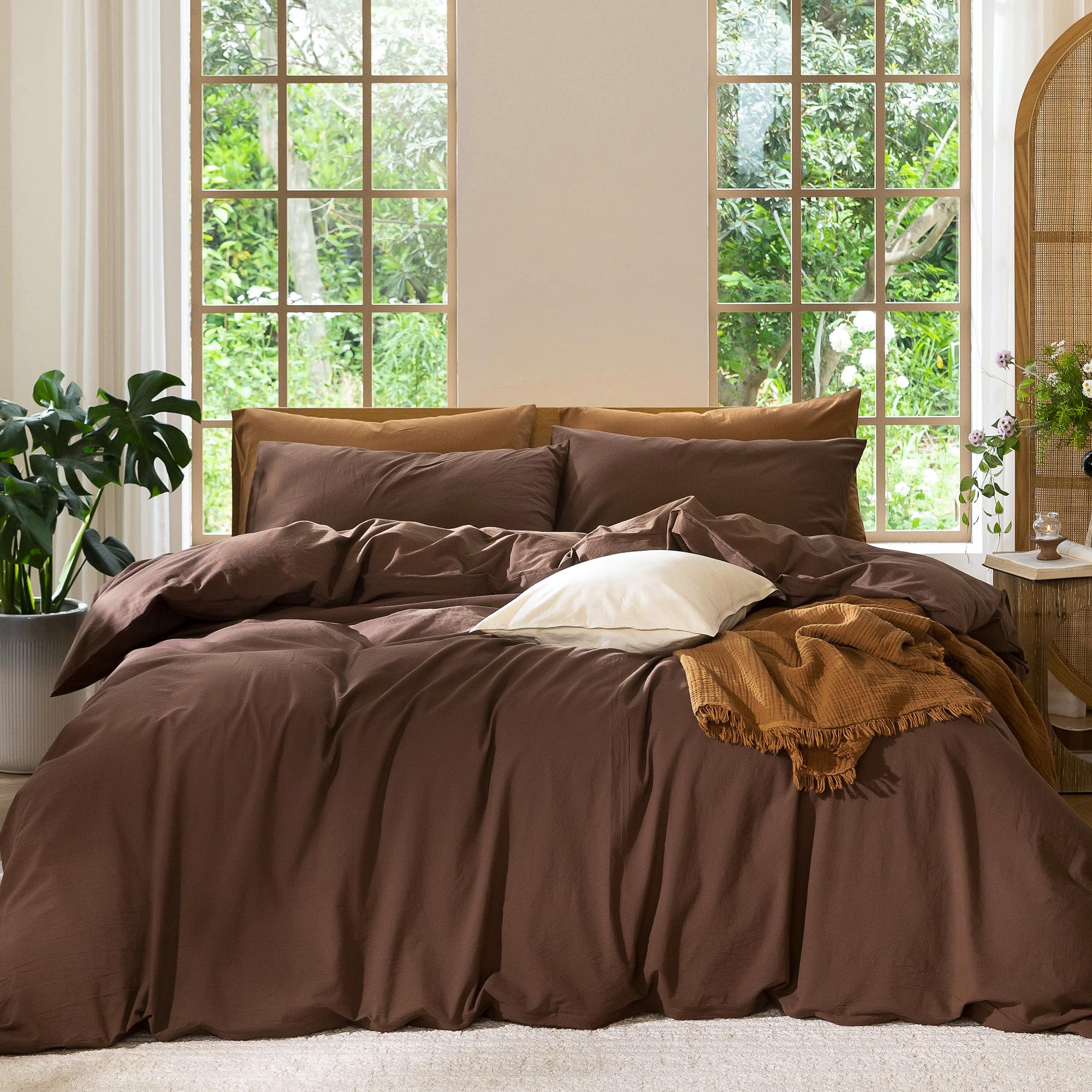 MooMee Bedding Duvet Cover Set 100% Washed Cotton Linen Like Textured Breathable Durable Soft Comfy (Solid Cocoa Brown,