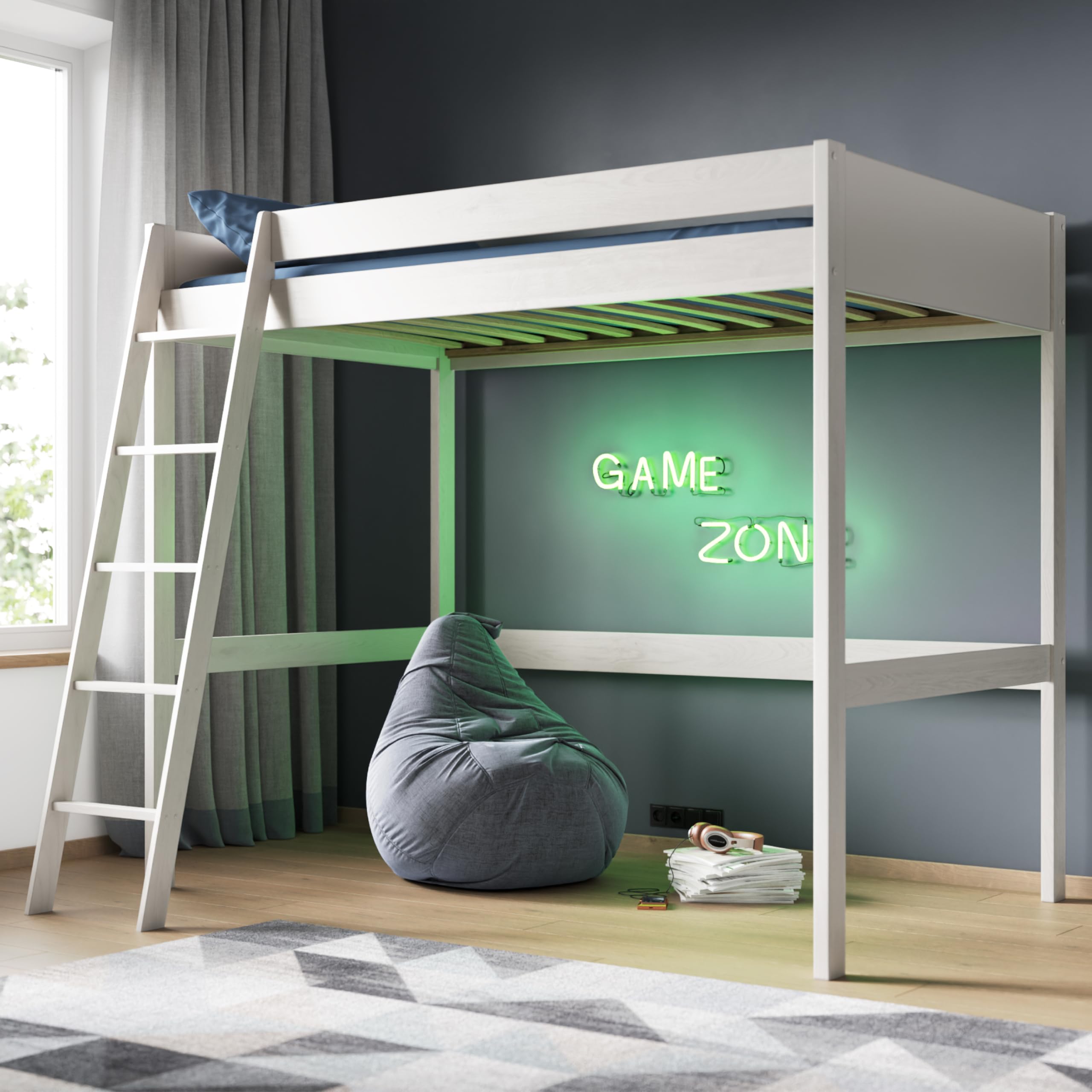 Flair Furnishings Noomi - Double High Sleeper Bed for Kids, Cabin Bed, Heavy Duty and Sturdy Solid Wood, Stylish, Space 