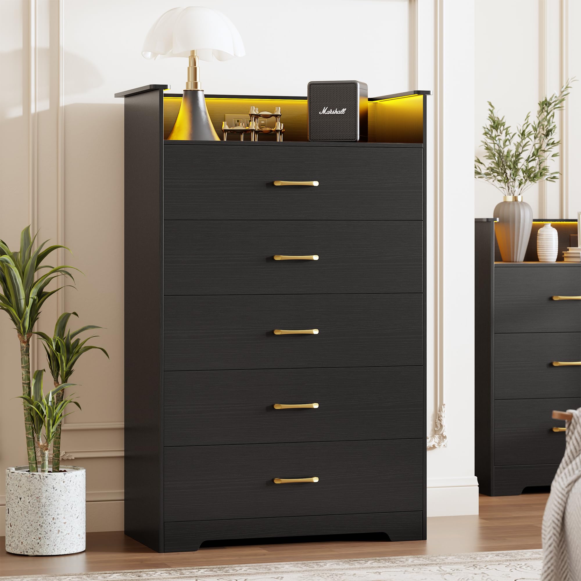 Garvee 5 Drawer Dresser for Bedroom - 51'' Tall Vertical Chest of Drawers with LED Light and Charging Station, Modern Or