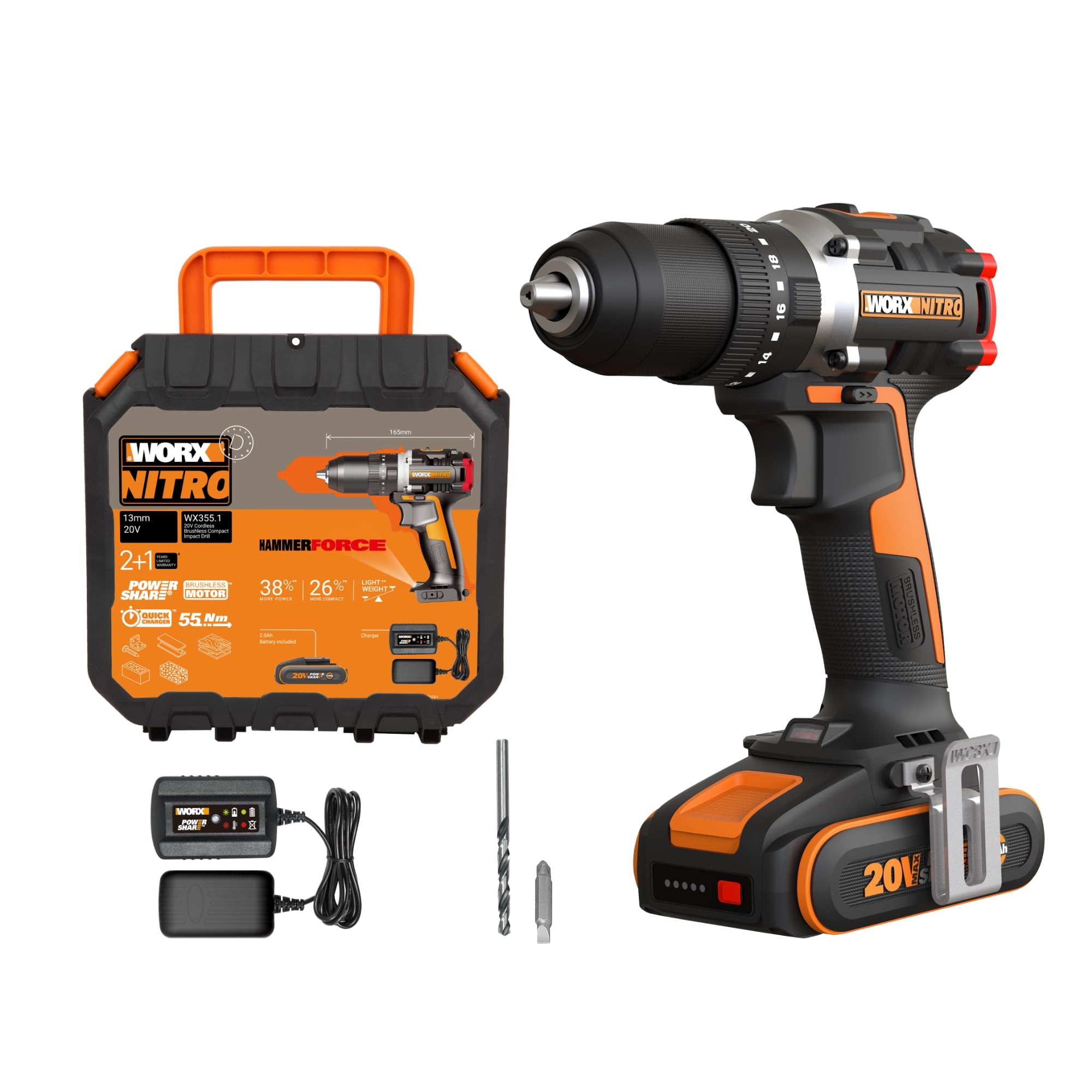 WORX WX355.1 20V 55Nm Cordless Brushless Combi Hammer Impact Drill with 2.0Ah Battery, Charger & Case (20 Torque Setting