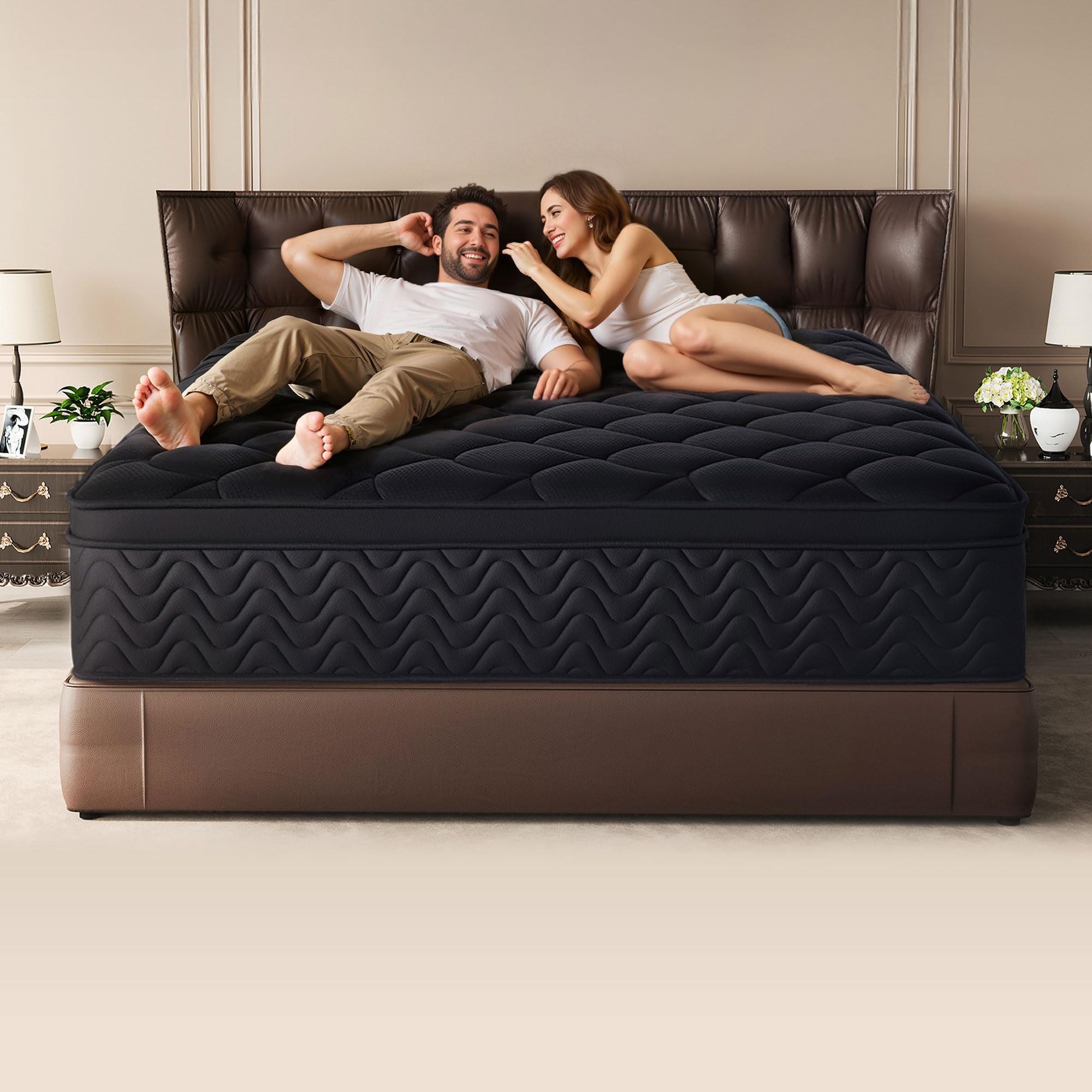 Premium 14 Inch Queen Mattress - Black Diamond Quilted Cover, Individual Pocket Springs & Memory Foam Top, Cooling Comfo