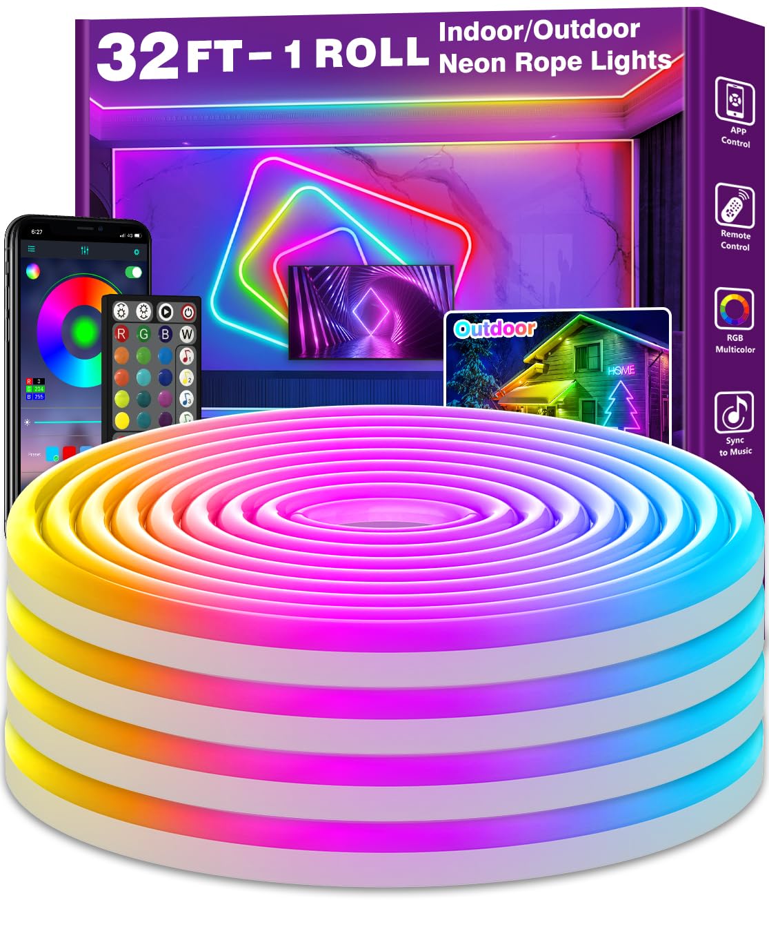 AILBTON Led Neon Rope Lights 10m Flexible Led Rope Lights,Control with App/Remote,Multiple Modes,RGB Neon Music Sync Gam