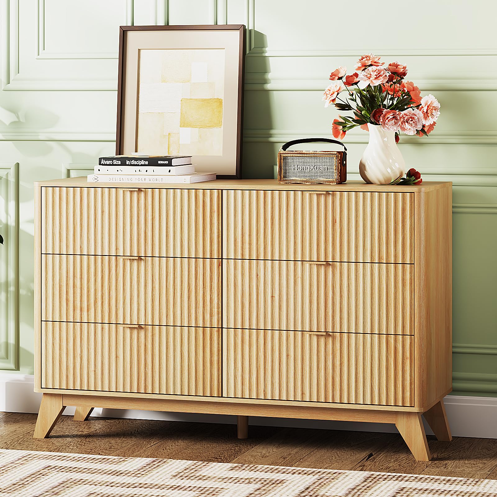 VINGLI Fluted Dresser for Bedroom, 6 Drawer Dresser w/Rounded Edges, Mid Century Modern Dressers Natural Wood Color, 46.
