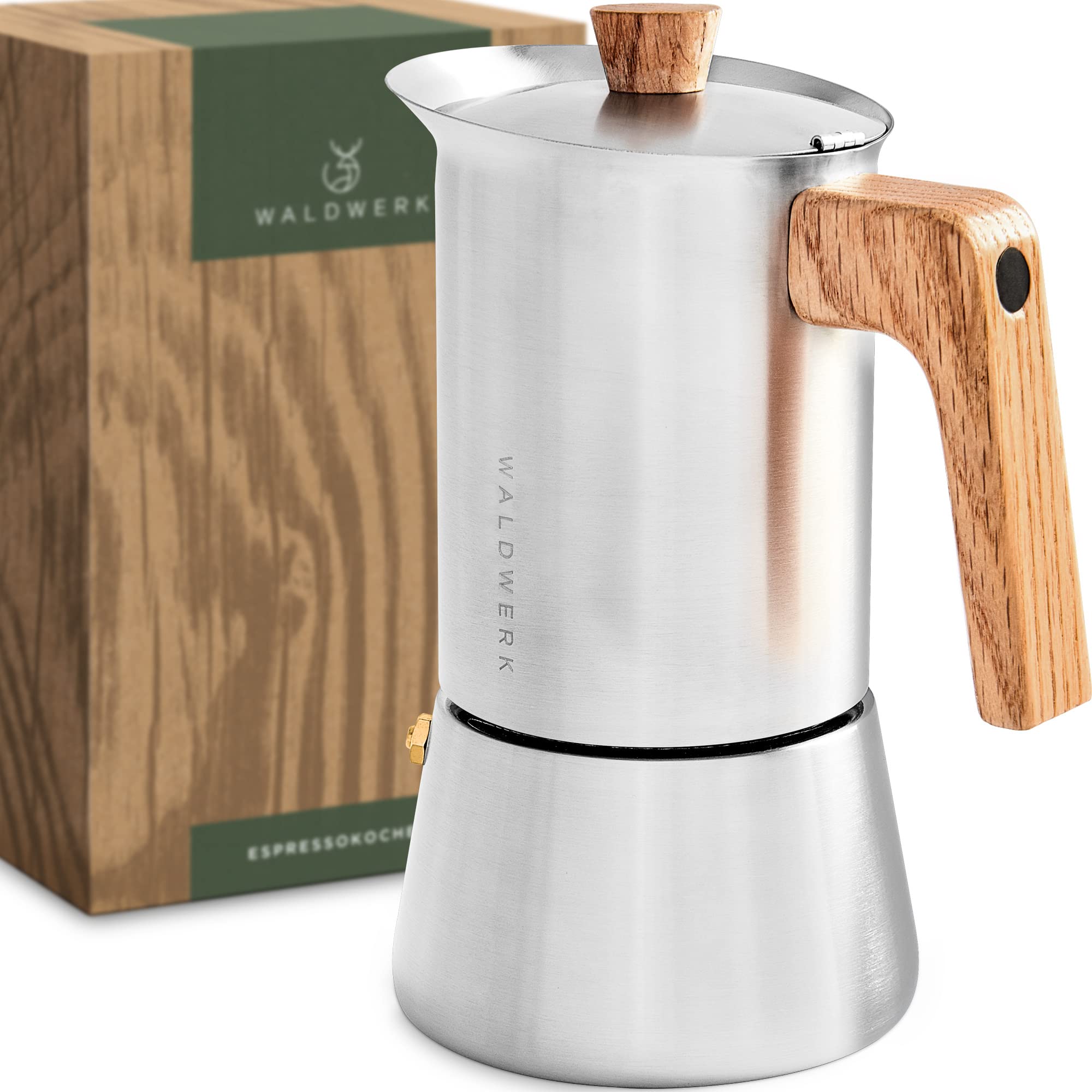 WALDWERK Stainless Steel Moka Pot (10oz) - Toxic Free Moka Pot with Oak Wood Handle - Stovetop Espresso Maker - Italian