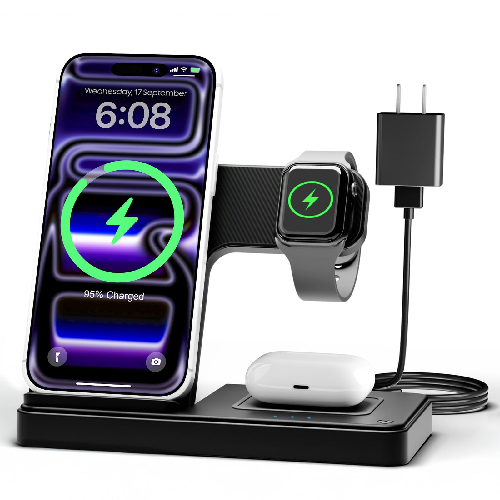 Wireless Charger iPhone Charging Station: 3 in 1 Charger Stand Multiple Devices for Apple - iPhone 17 16e 16 15 14 Pro M