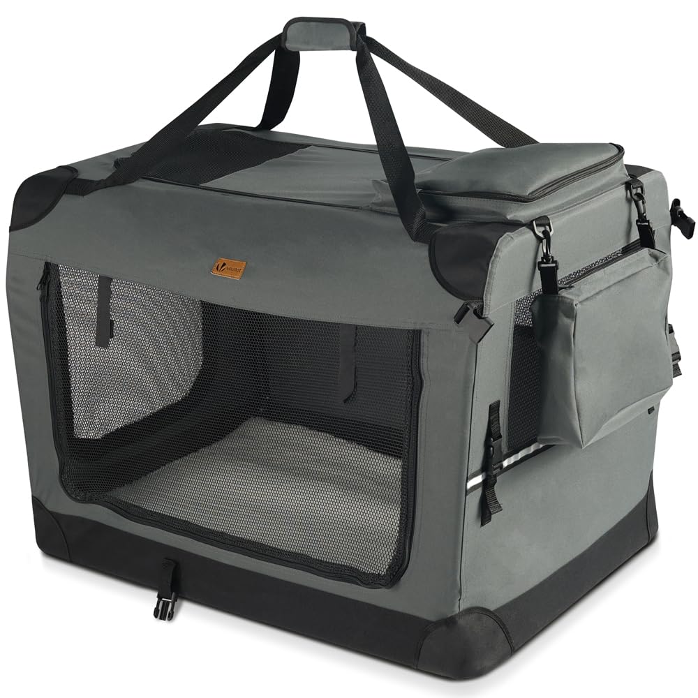 VOUNOT Dog Carrier XL, Foldable Pet Travel Transport Bag, Extra Large Portable Fabric Dog Crate w/Cushion, Grey