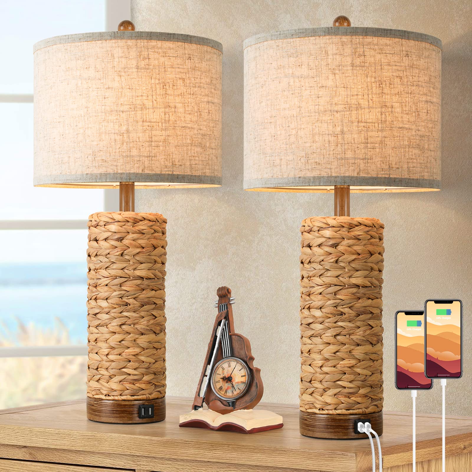 Set of 2 Rattan Table Lamps for Living Room with 2 USB Ports, 27In Tall Bedroom Lamp Costal Farmhouse, Rustic Woven Seag