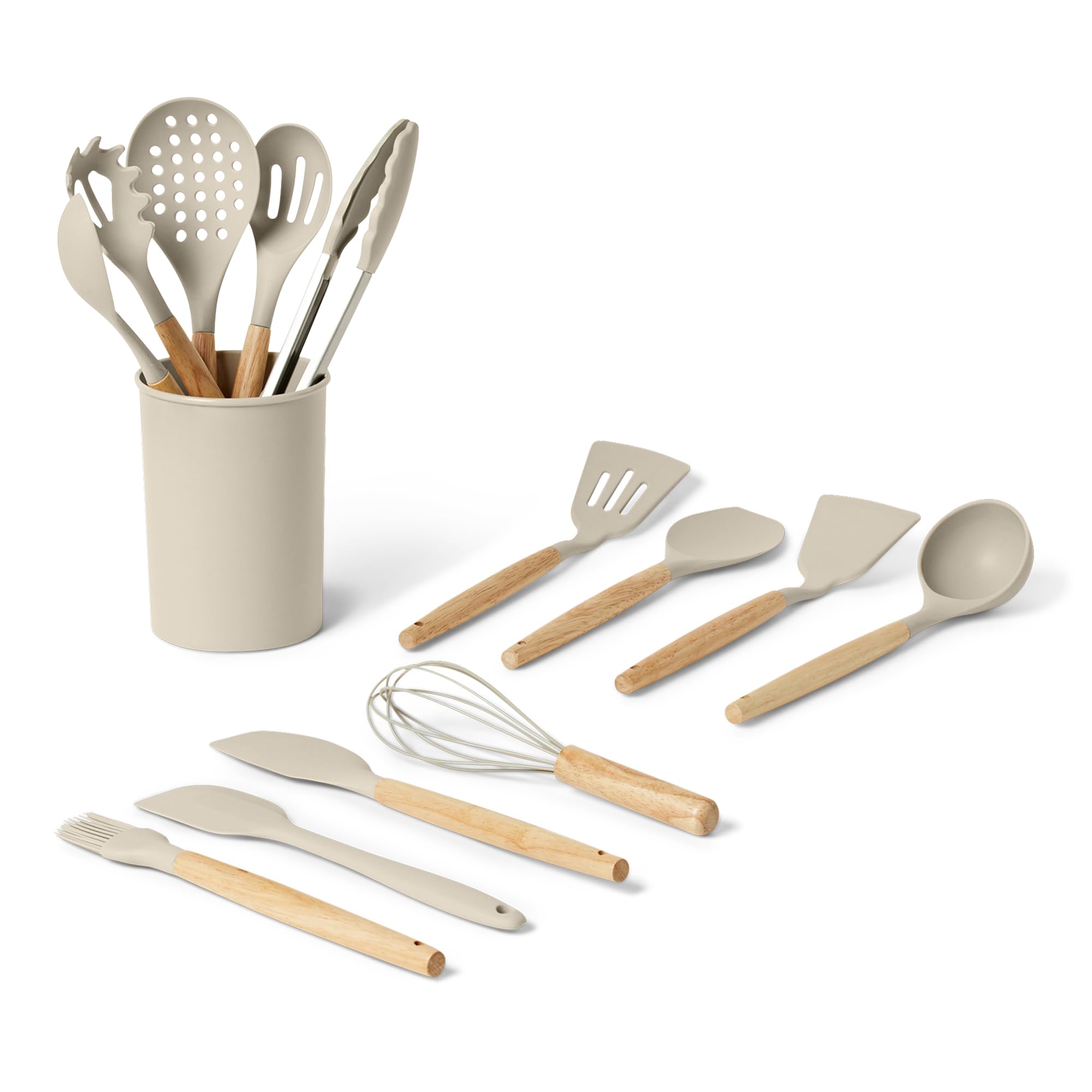Amazon Basics Silicone Cooking Utensils Set with Wooden Handle, 14-Piece Set, BPA-Free, Utensil Holder Included, Linen G
