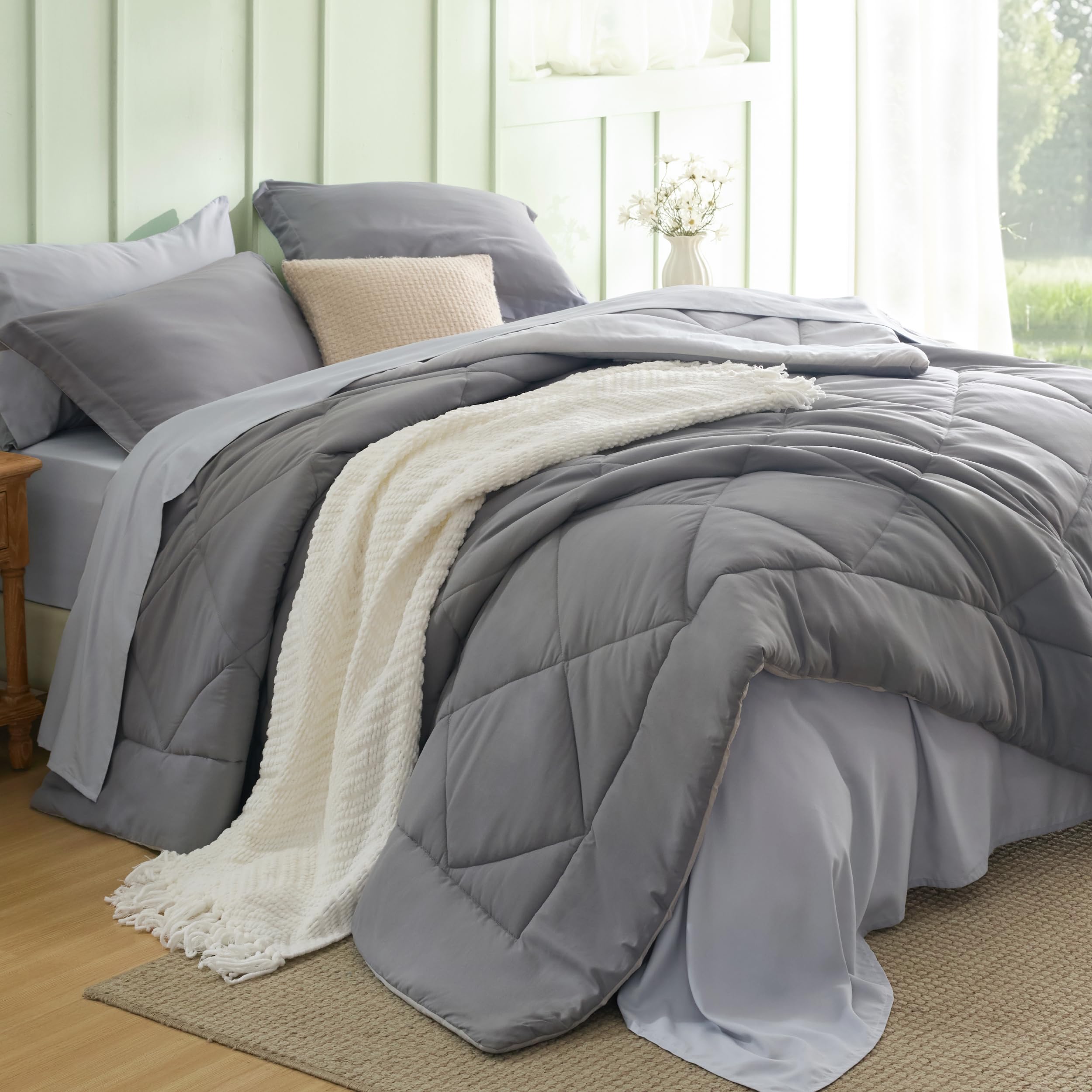 Bedsure Queen Comforter Set with Sheets - 7 Pieces Reversible Grey Bed in a Bag Queen, Eazy Care Que