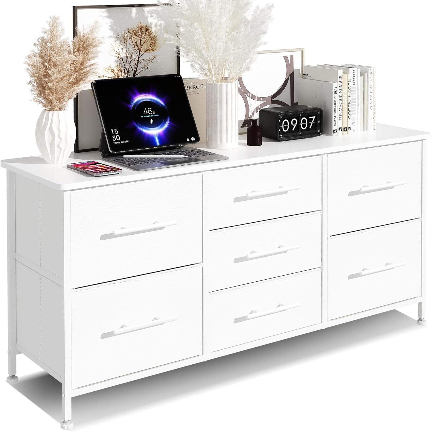 Chest of Drawers, Dresser for Bedroom with 7 Fabric Drawers, TV Stand on Castors, Storage Organizer 