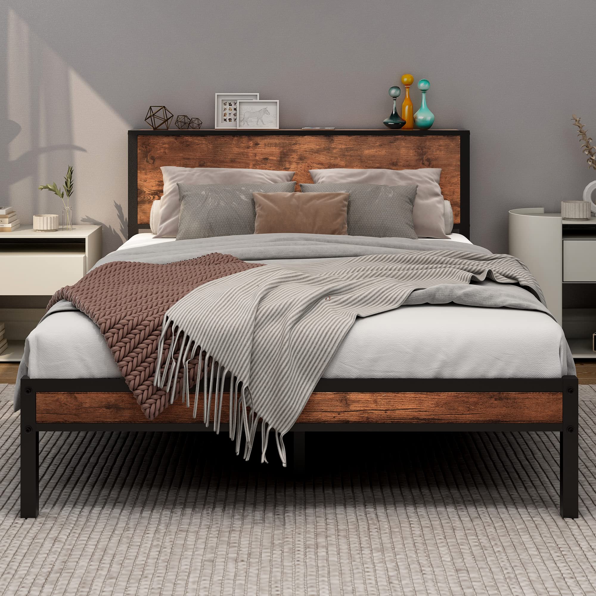 DUMEE Double Bed Frame with Wooden Storage Shelf Headboard, Metal Platform Bed Frame Double, No Box 
