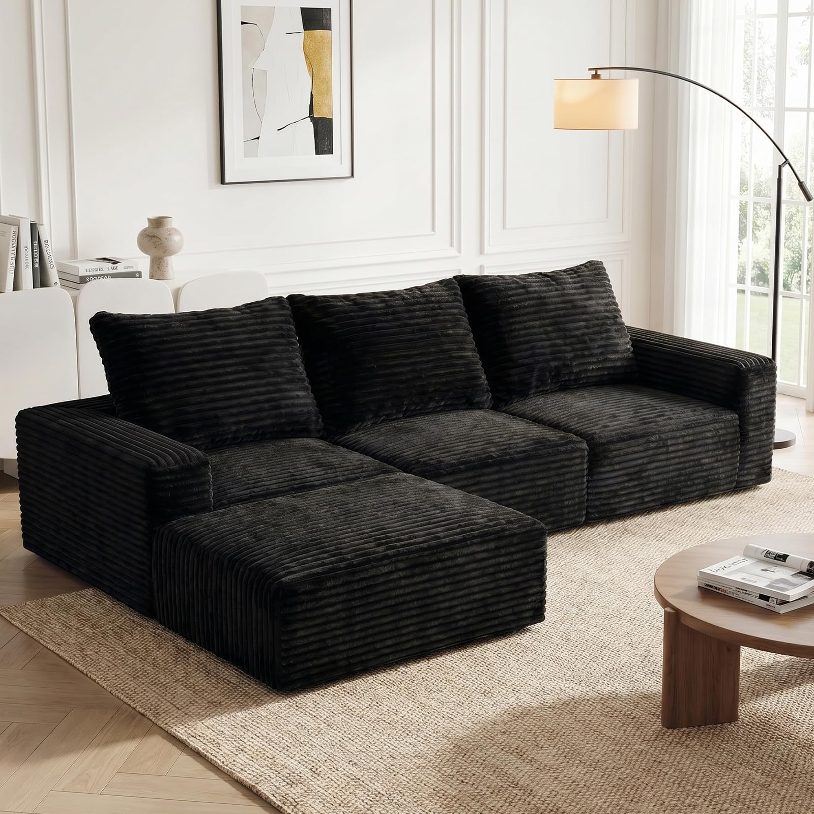 Black Corduroy Modular L‑Shaped Corner Sofa, 3‑4 Seater Deep Seat Sectional Cloud Couch with Chaise 