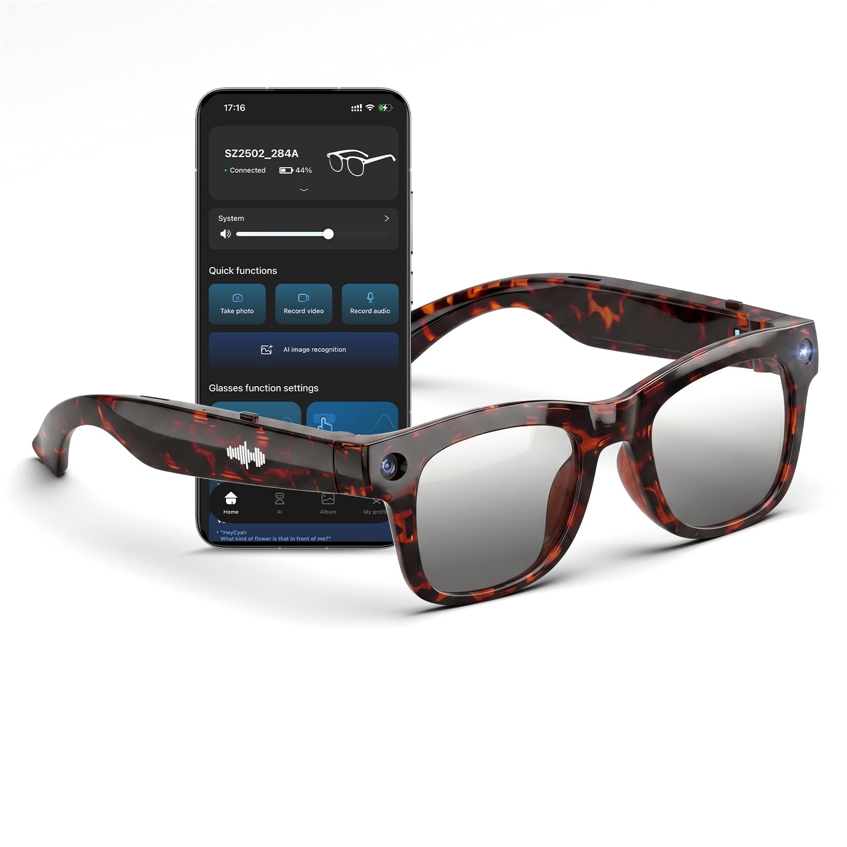 AI Smart Glasses with HD Camera, BT Call, 8MP Anti-Shake Camera Glasses with 1080P Video Recording Dual Mic, Simultaneou