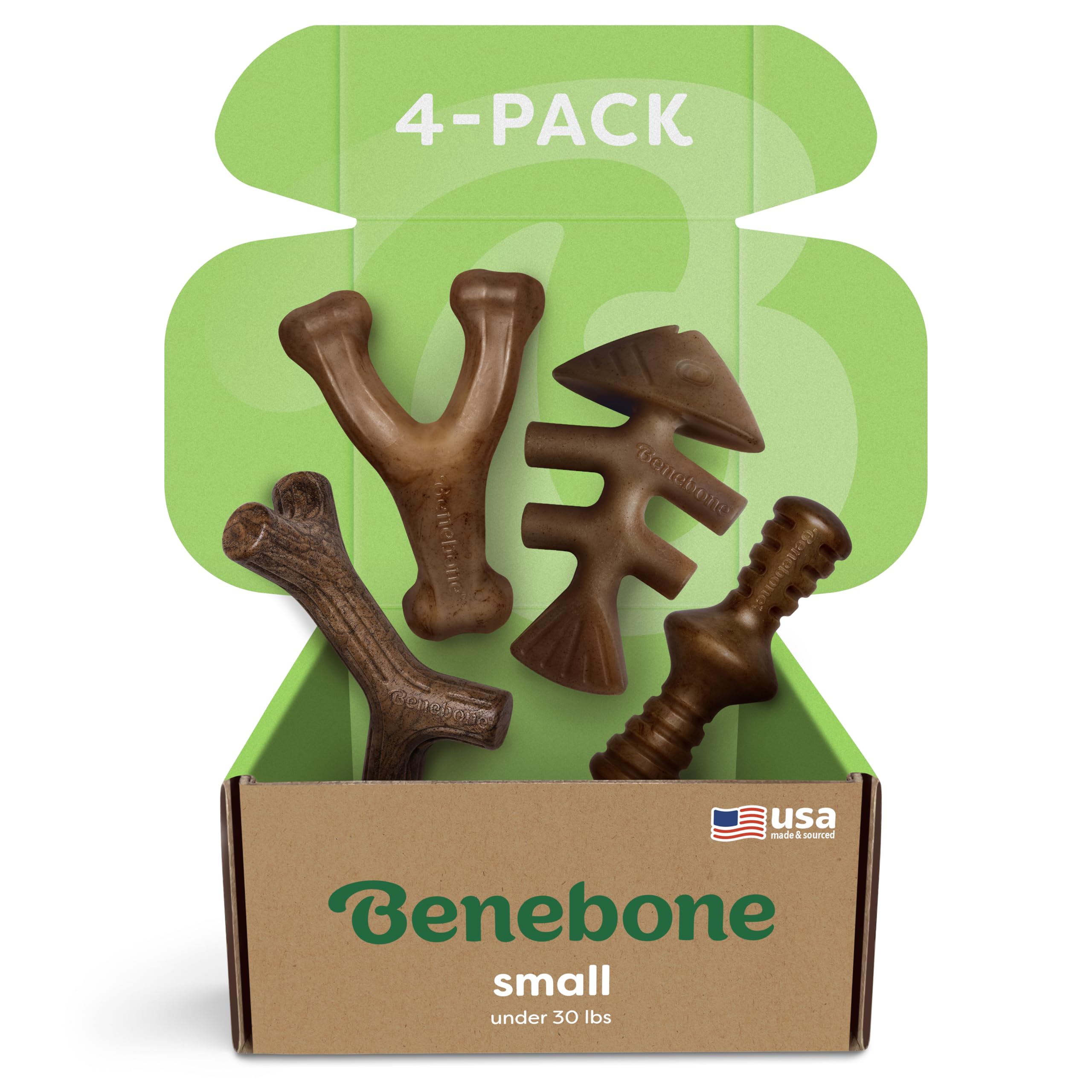Benebone Small 4-Pack Dog Toys for Aggressive Chewers – Durable Dog Bones, Made in USA – Dog Toys for Small Dogs Under 3