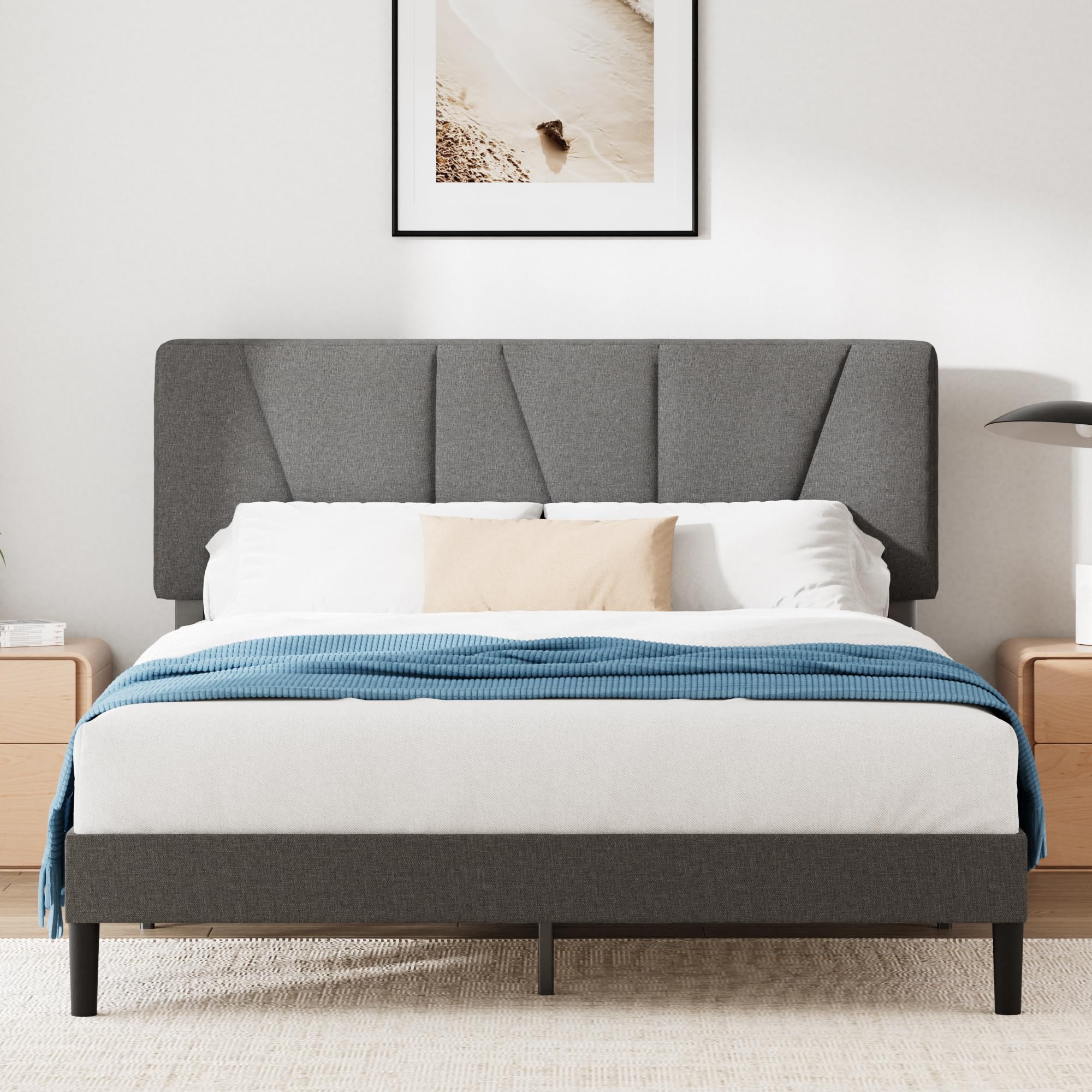 Zinus Maya Double Bed Frame with Headboard - 4ft6 (135 x 190 cm) - Upholstered Bed Base - Wooden Slat Support - Easy Ass