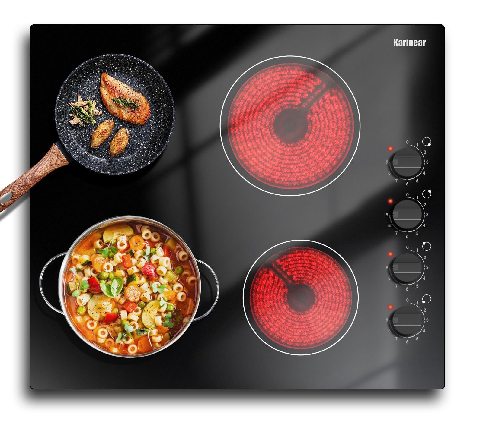 Karinear Ceramic Hob, 60cm Built-in 4 Zones Ceramic Hob with Konb Control 6000W, Hard Wired, No Plug Included