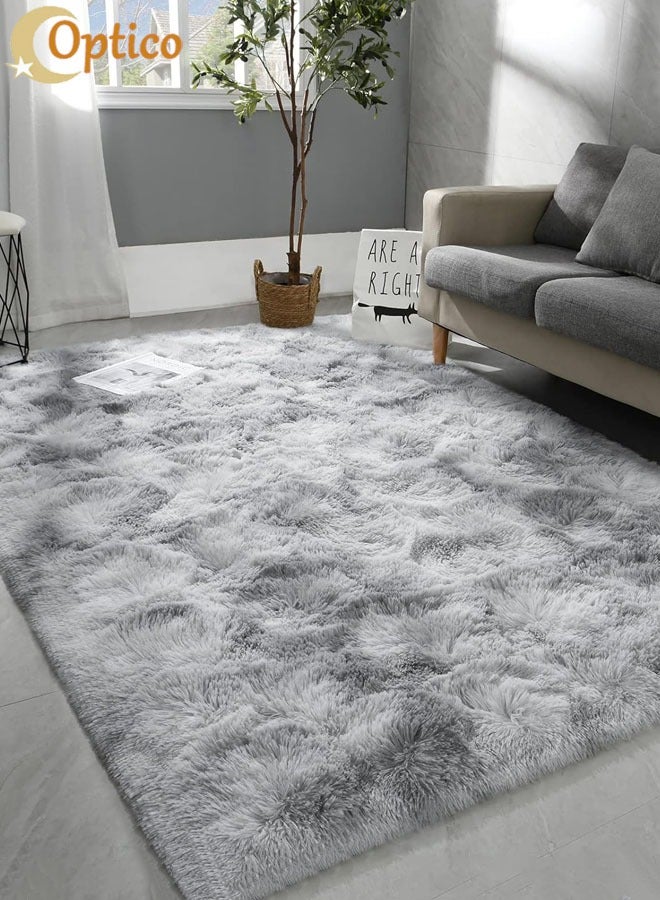 Optico Area Rug for Living Room, Tie-Dyed Light Grey Soft Fuzzy Plush Indoor Carpets for Bedroom, No