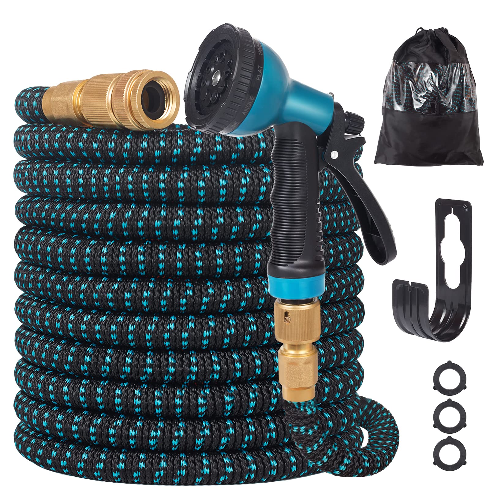 Expandable Garden Hose 50ft - Expanding Water Hose with 10 Function Nozzle, 4 Layer Latex, 3/4" &1/2
