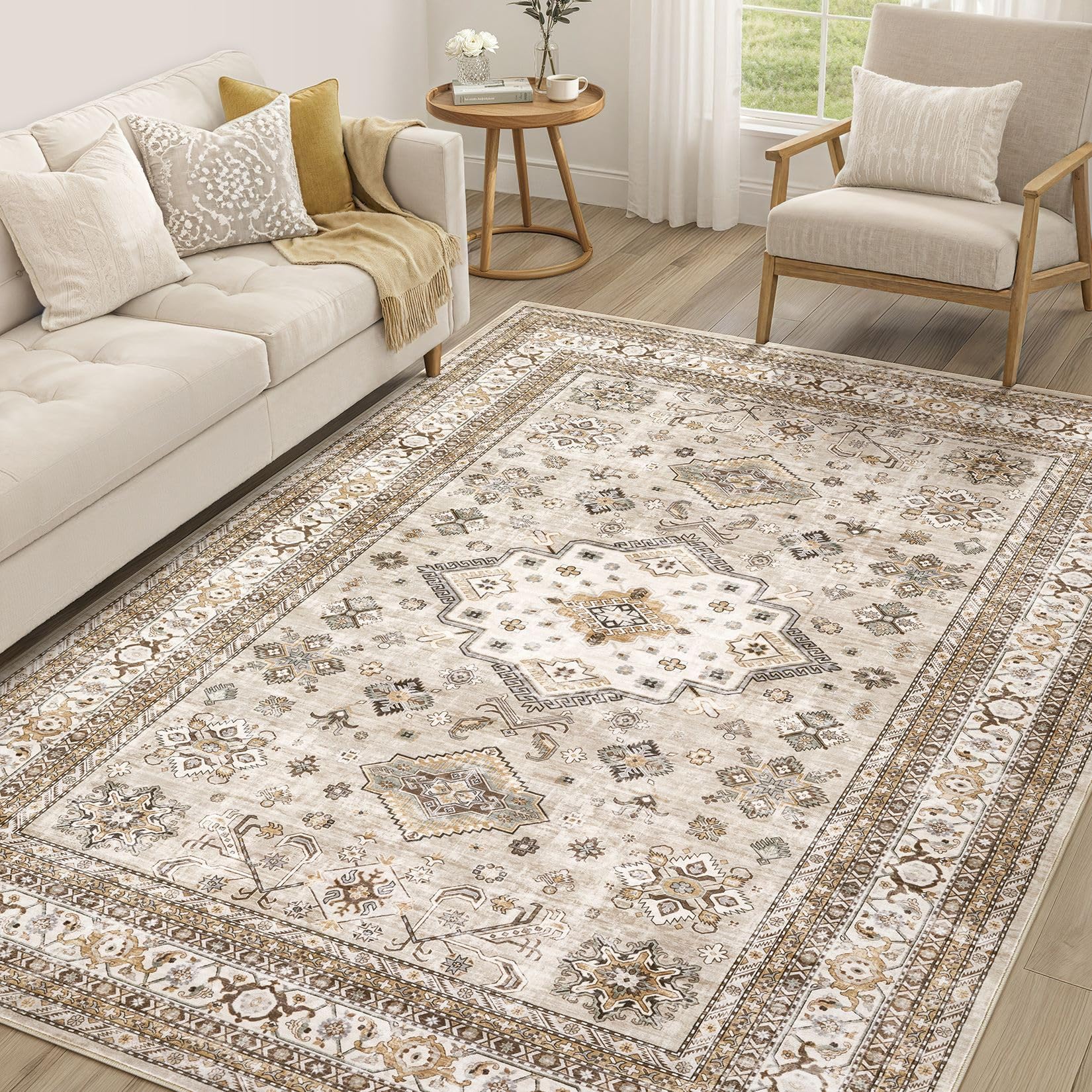 Vintage Living Room Area Rug 5x7 - Large Soft Washable Oriental Traditional Distressed Farmhouse Rug