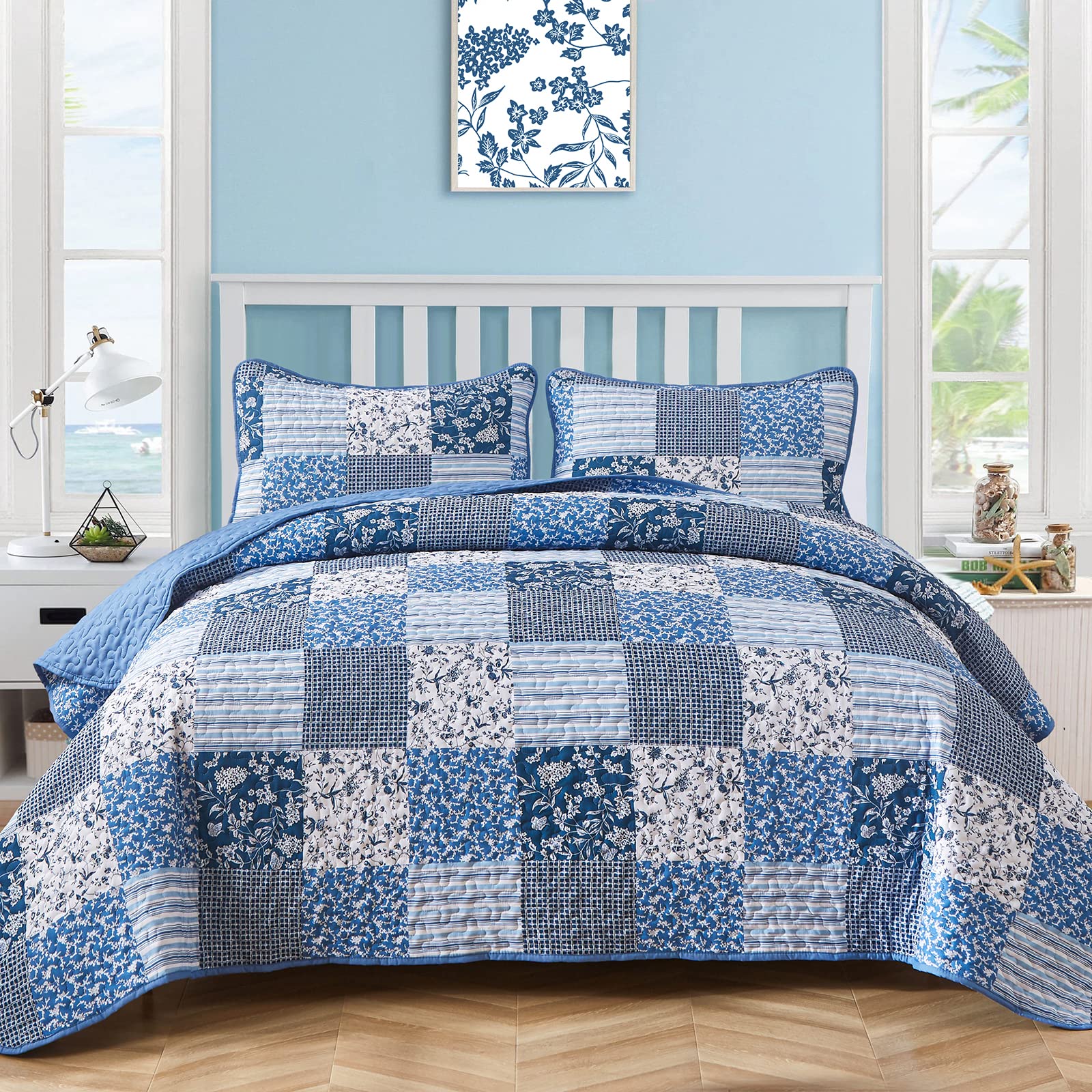 Mybedsoul Blue Boho Quilt Set King Size,3 Pieces Plaid Floral Bedspread Coverlet Set for All Season,