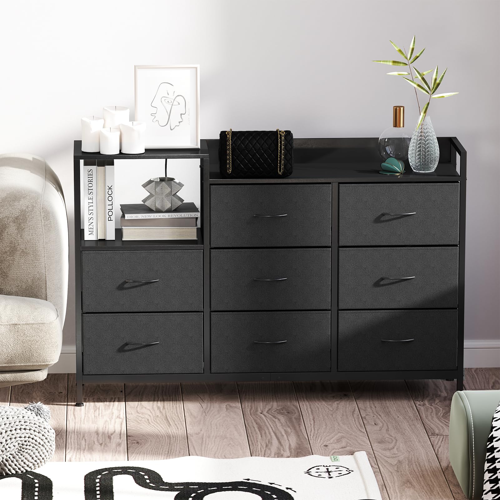 Bedroom Chest of Drawers,Storage Drawers for Bedroom with 1USB , 1 Type-C and 2AC Ports,Contains 8 F