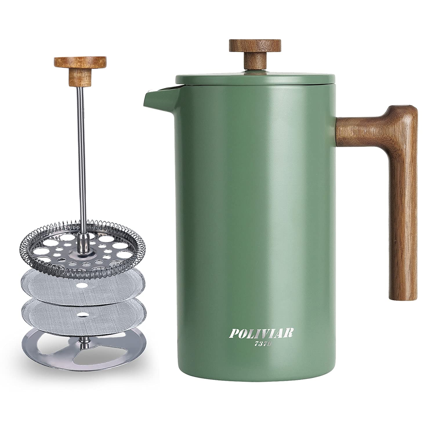 POLIVIAR French Press Coffee Maker, 34 oz Coffee Press with Real Wood Handle, Double Wall Insulation & Dual-Filter Scree