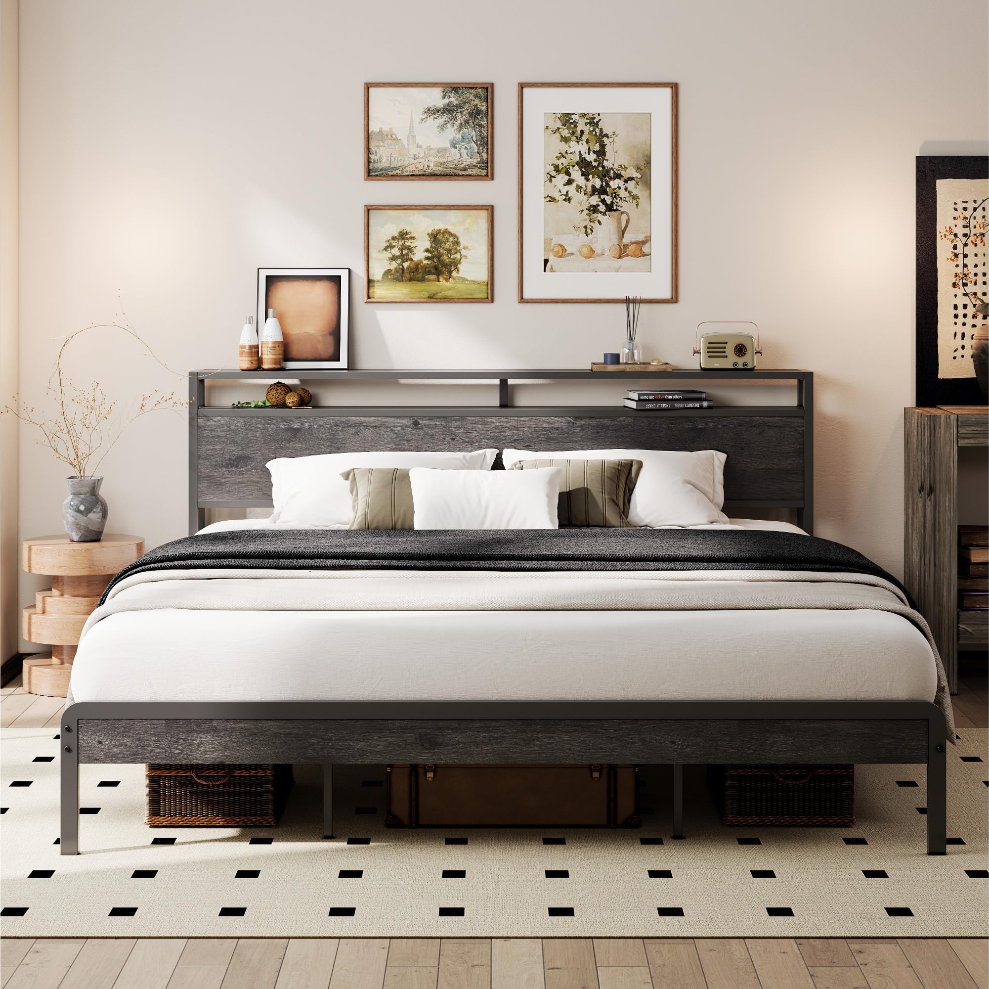 LIKIMIO California King Bed Frame with Headboard, Dark Wood Camas California King with Strong Suppor