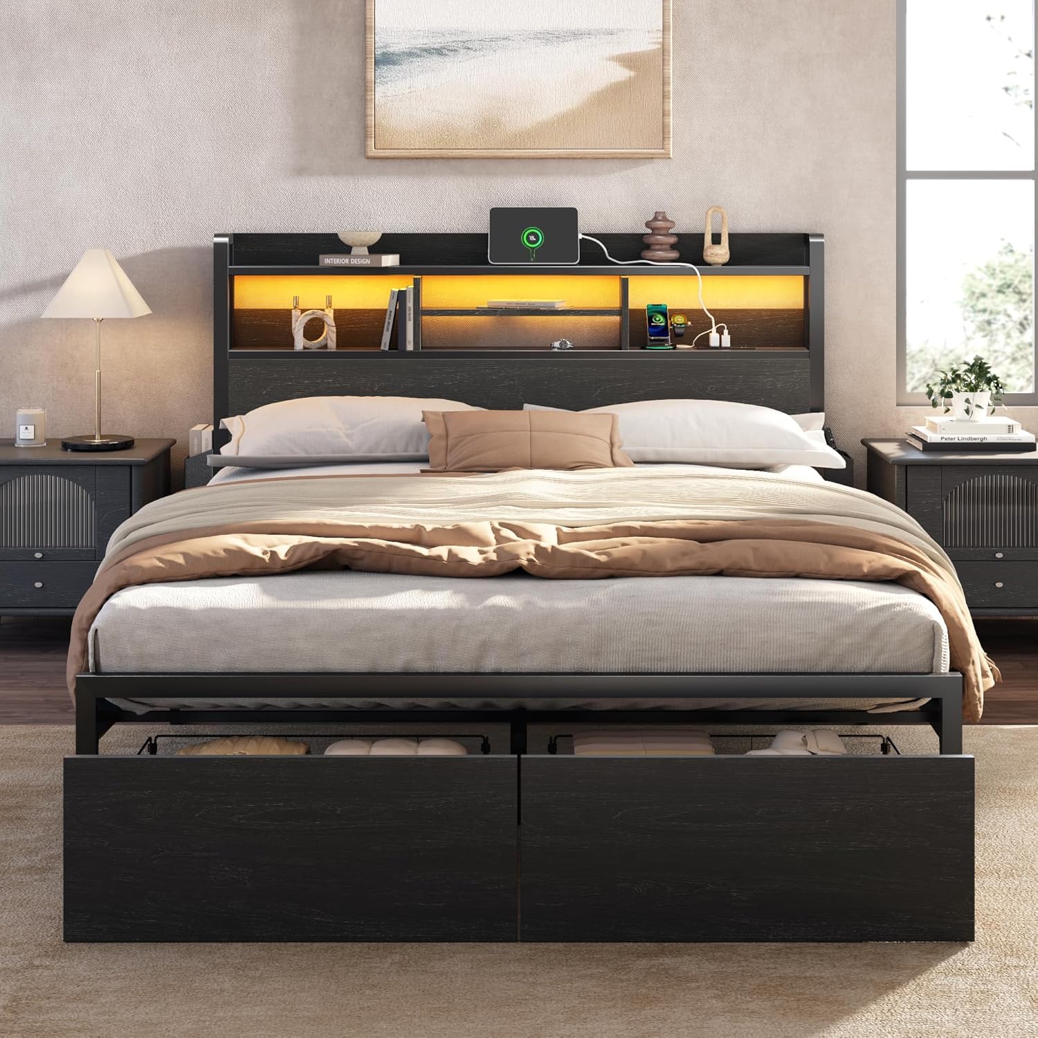 Furnulem Full Size Bed Frame with Wood Headboard, Metal Platform Bed Frame Full Size with 2 Storage Drawers and Shelf, L