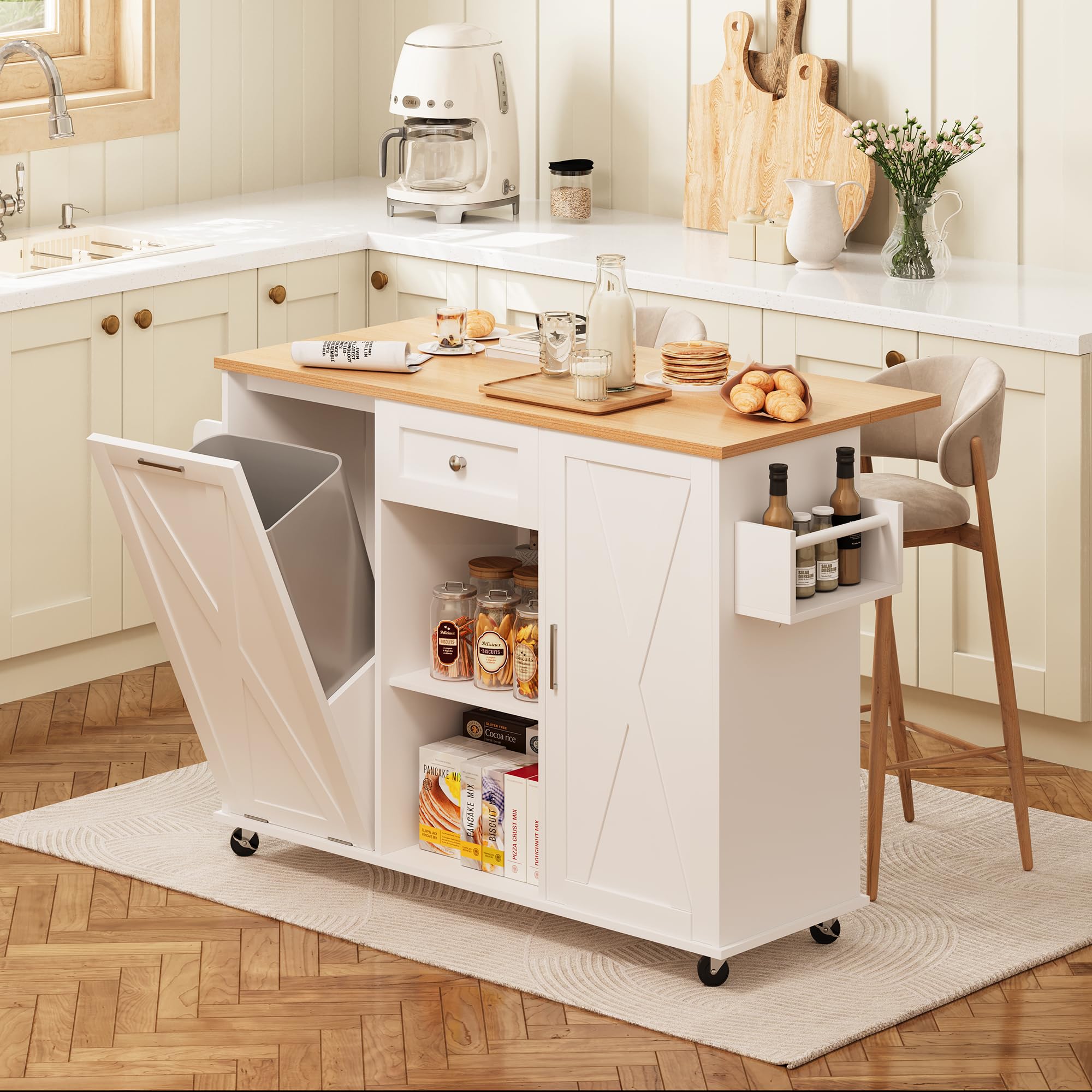 48" Modern Rolling Kitchen Island with Drop Leaf & Trash Can Storage, Mobile Island Table for Kitche