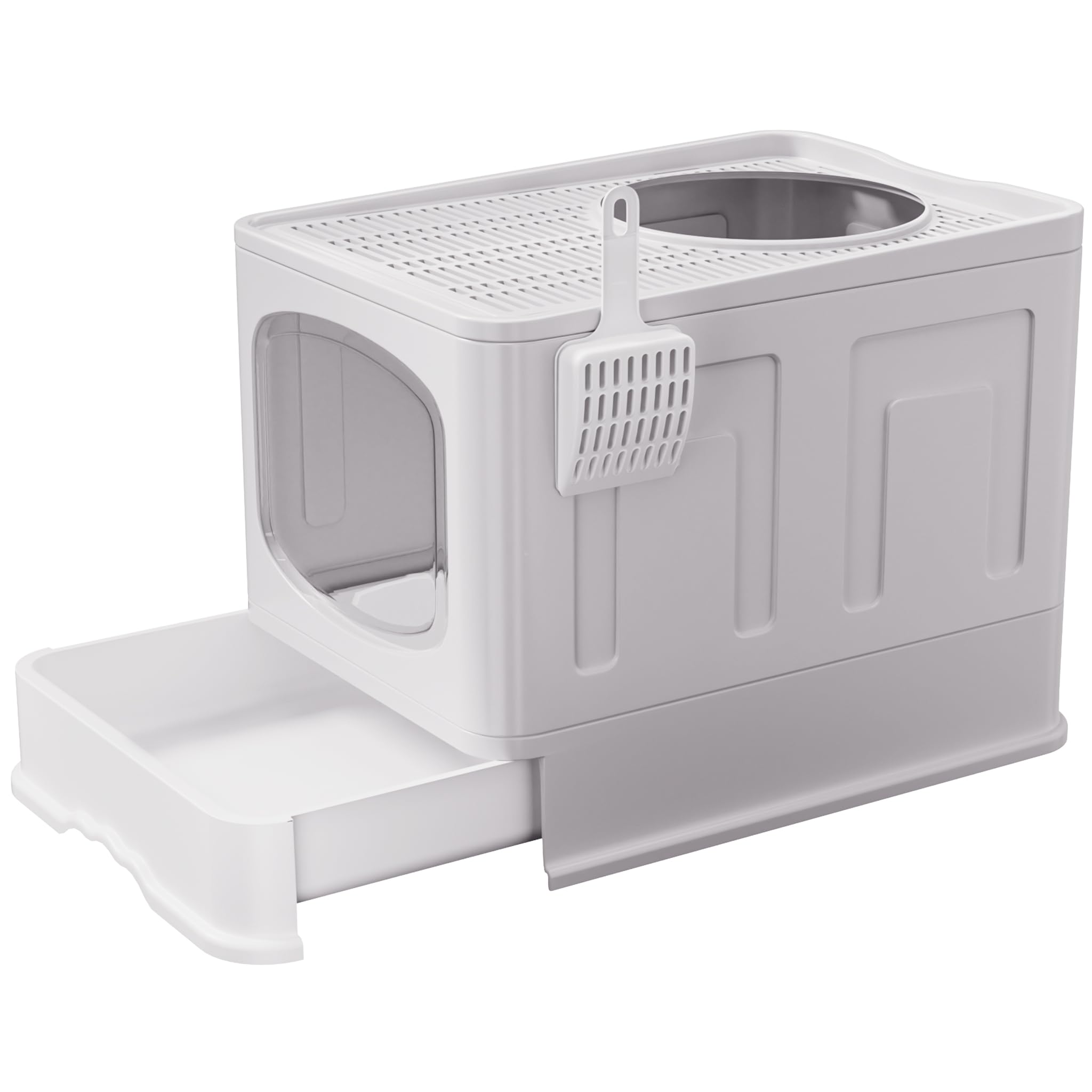 Vivo Technologies Large Cat Litter Box Litter Tray, Foldable Litter Box with Lid, Scoop, Flap Door, 