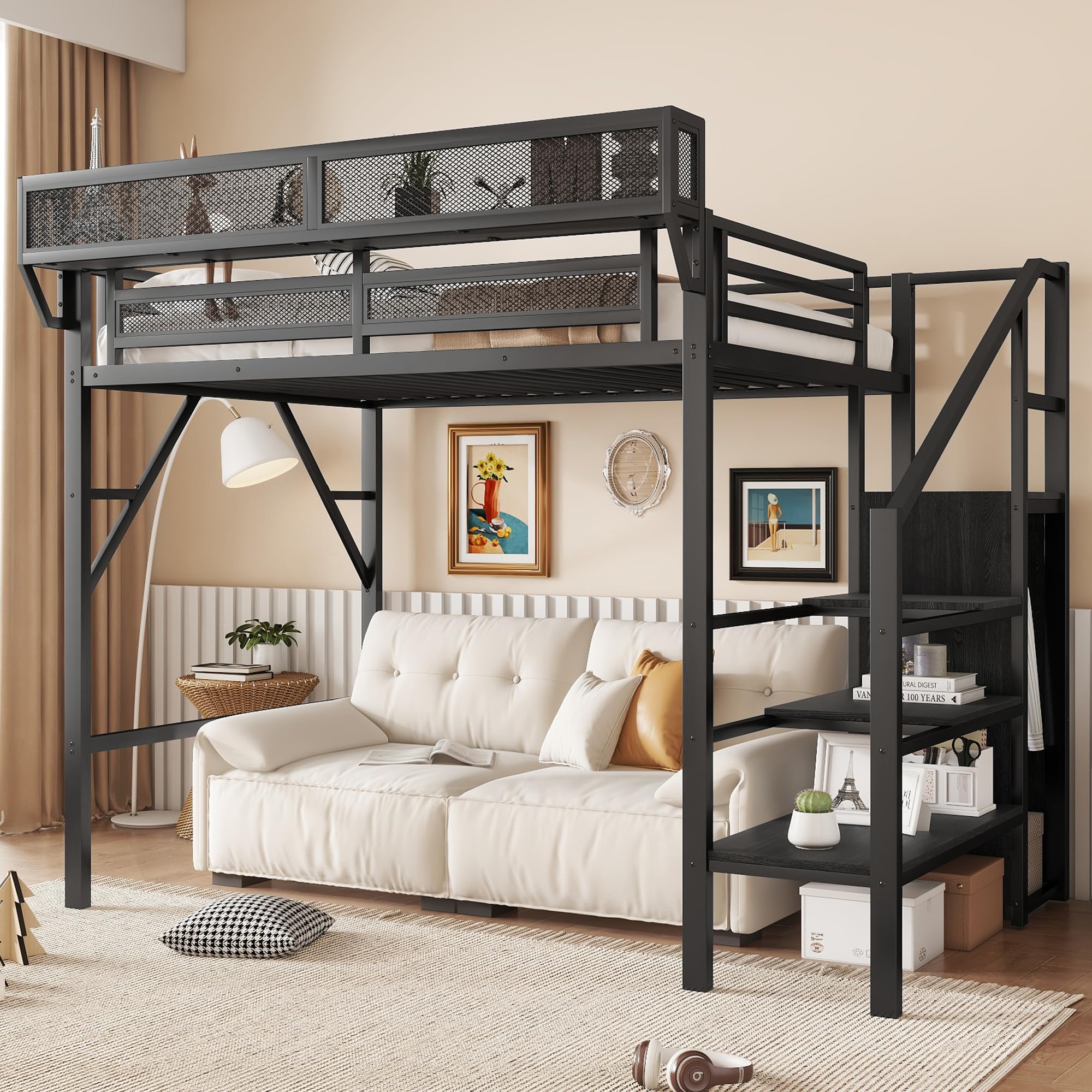 KEIKI Twin Size Metal Loft Bed Frame with Convertible Staircase, Built-in Storage Shelves & Wardrobe