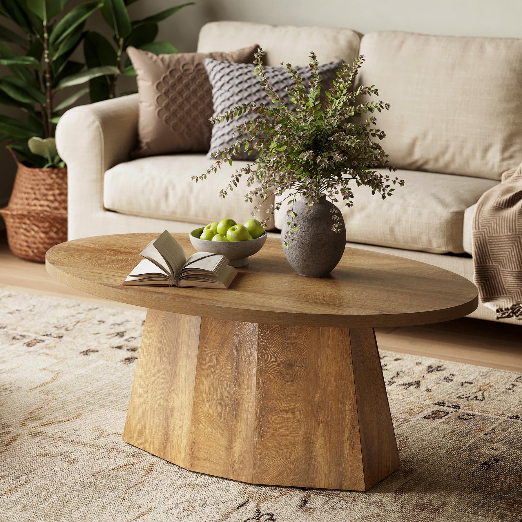 Oval Coffee Table, 47-Inch Living Room Table with Polygonal Pedestal, Modern Center Accent Furniture, Child-Friendly, Ea