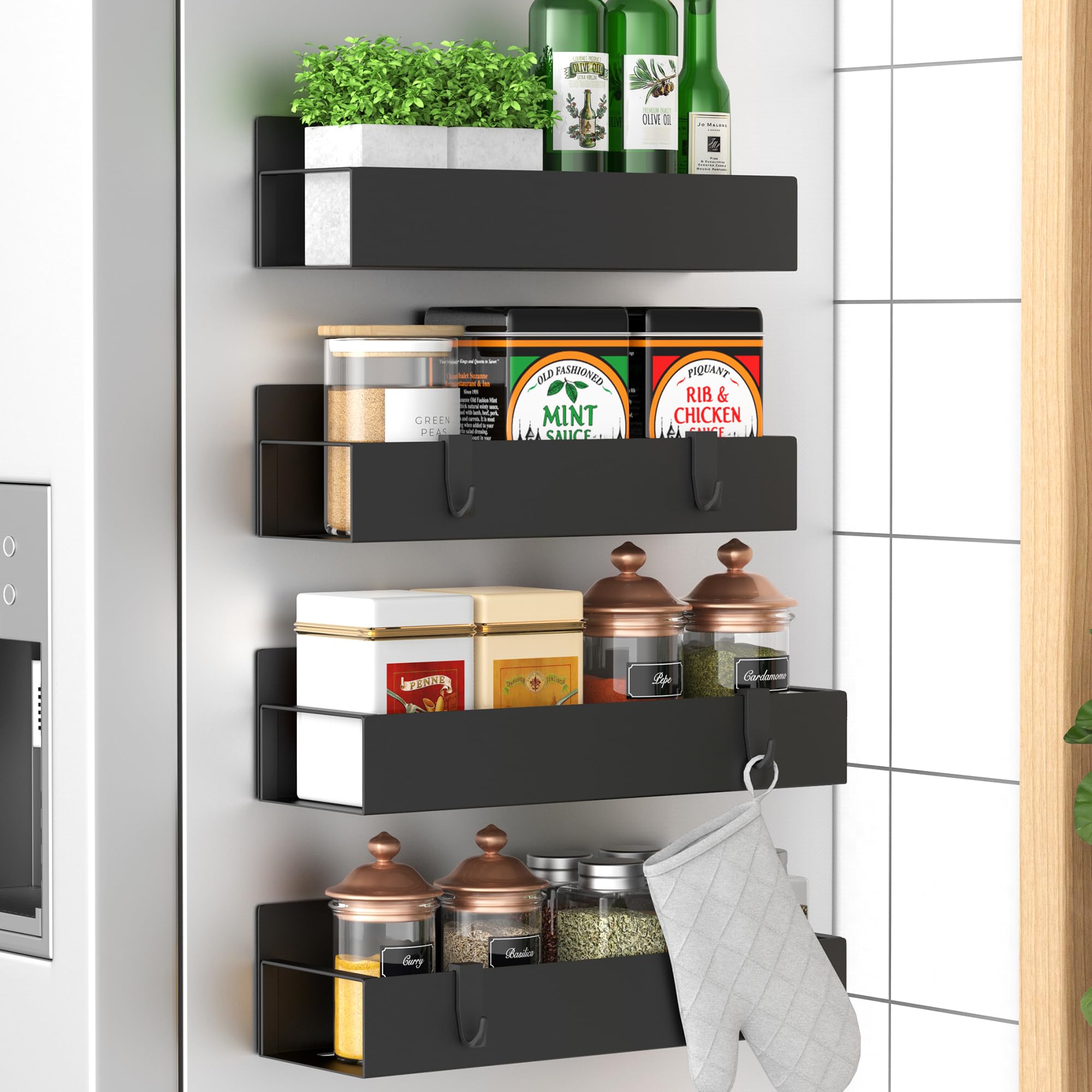 HuggieGems Metal 4 Pack Magnetic Spice Storage Rack Organizer for Refrigerator and Oven, Black Fridge Organizers and Sto