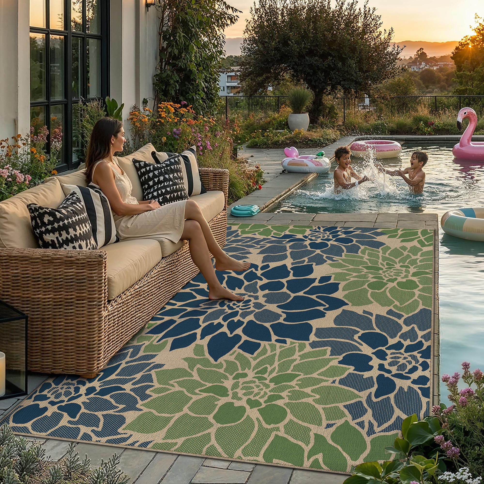 PureCozy 5x8 Easy Jute Outdoor Rug Navy/Green Floral Textured Indoor Outdoor Area Rug Farmhouse Pati