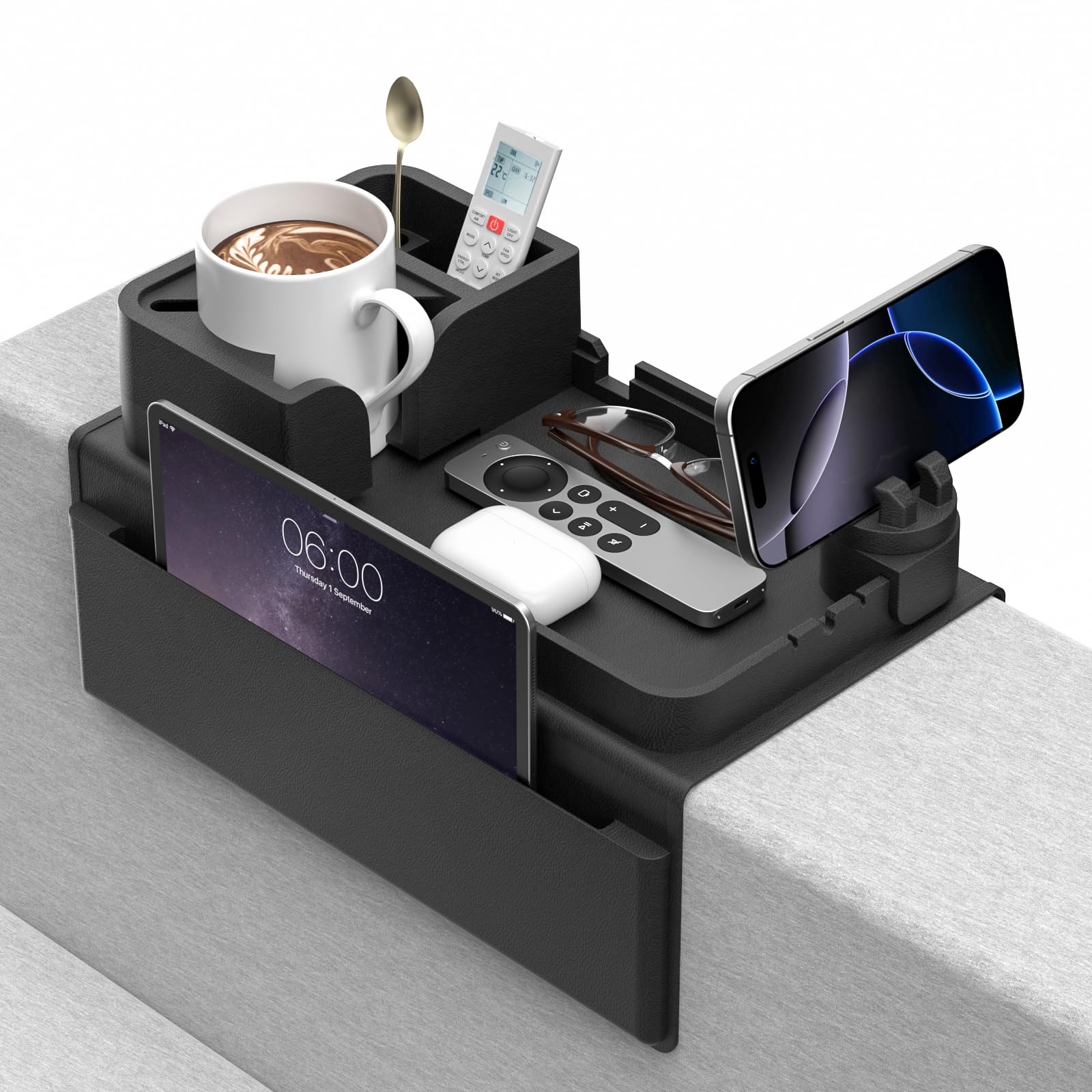 Couch Cup Holder - Anti-Slip Sofa Armrest Tray with Dual Side Pockets - Silicone Anti-Spill Sofa Drink Holder Arm with P