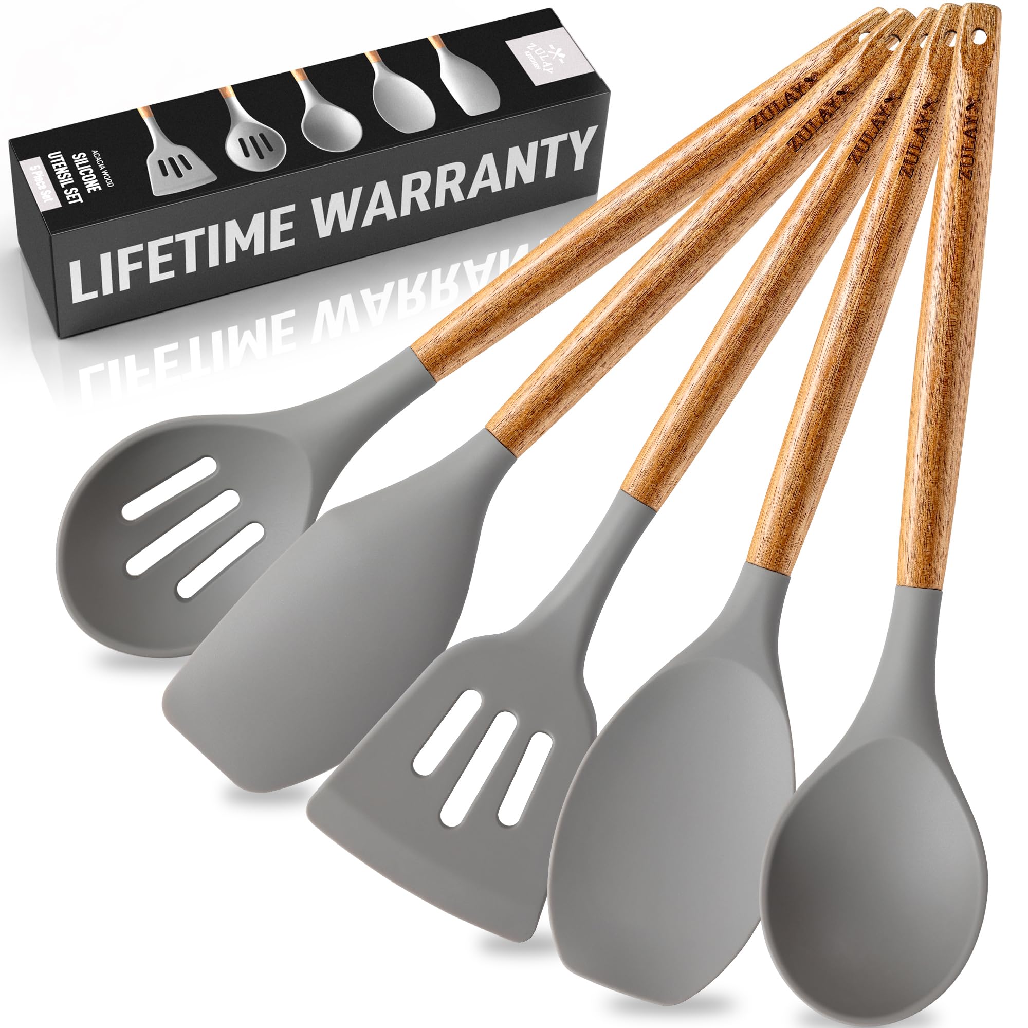Zulay Kitchen Utensils Set Non-Stick Silicone Cooking Utensils Set with Authentic Acacia Wood Handles - 5 Piece Silicone