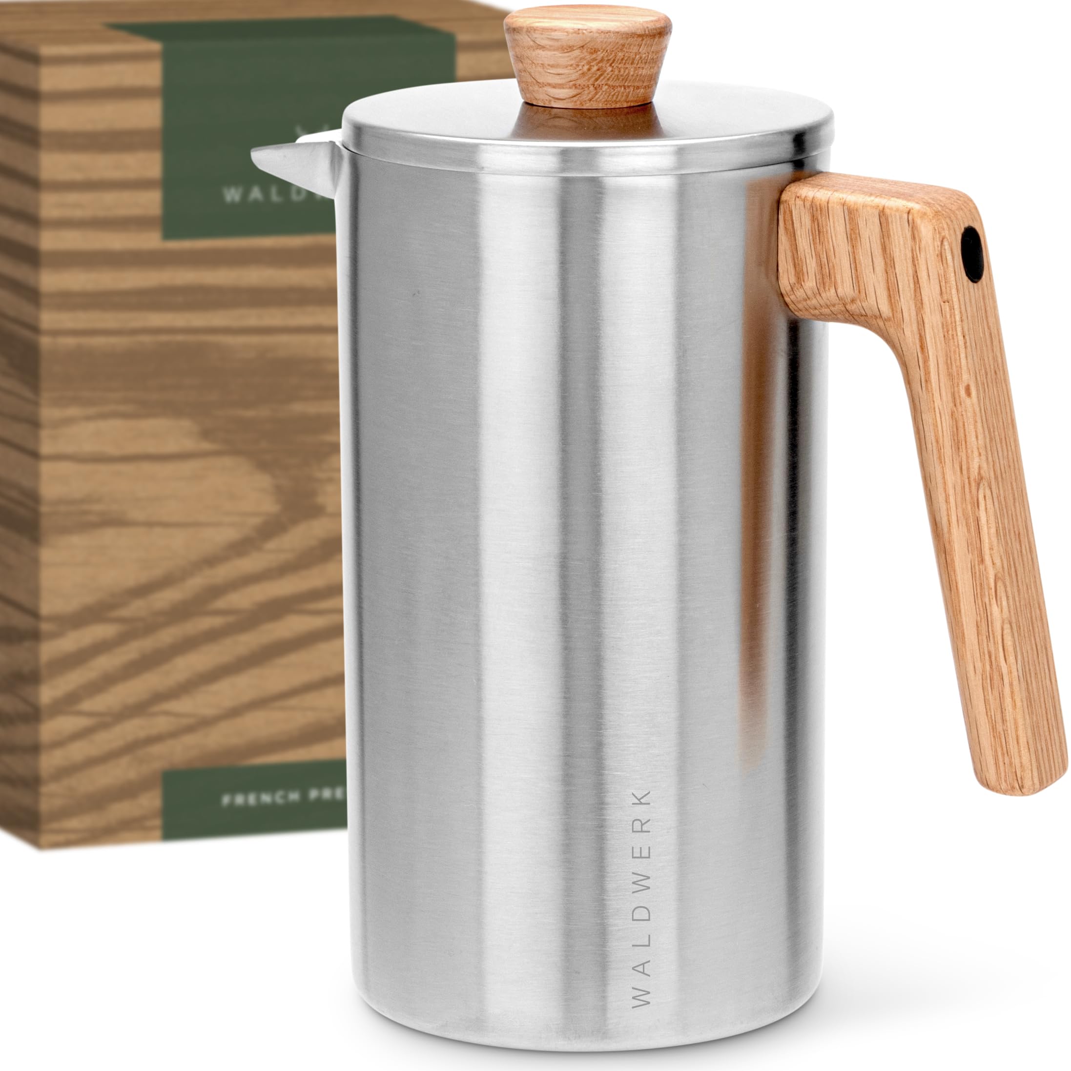 WALDWERK Cafetiere (1 L) - French Press - Non-Toxic Stainless Steel Double Wall - Cafetiere 4 Cup - Plastic Free with Oa
