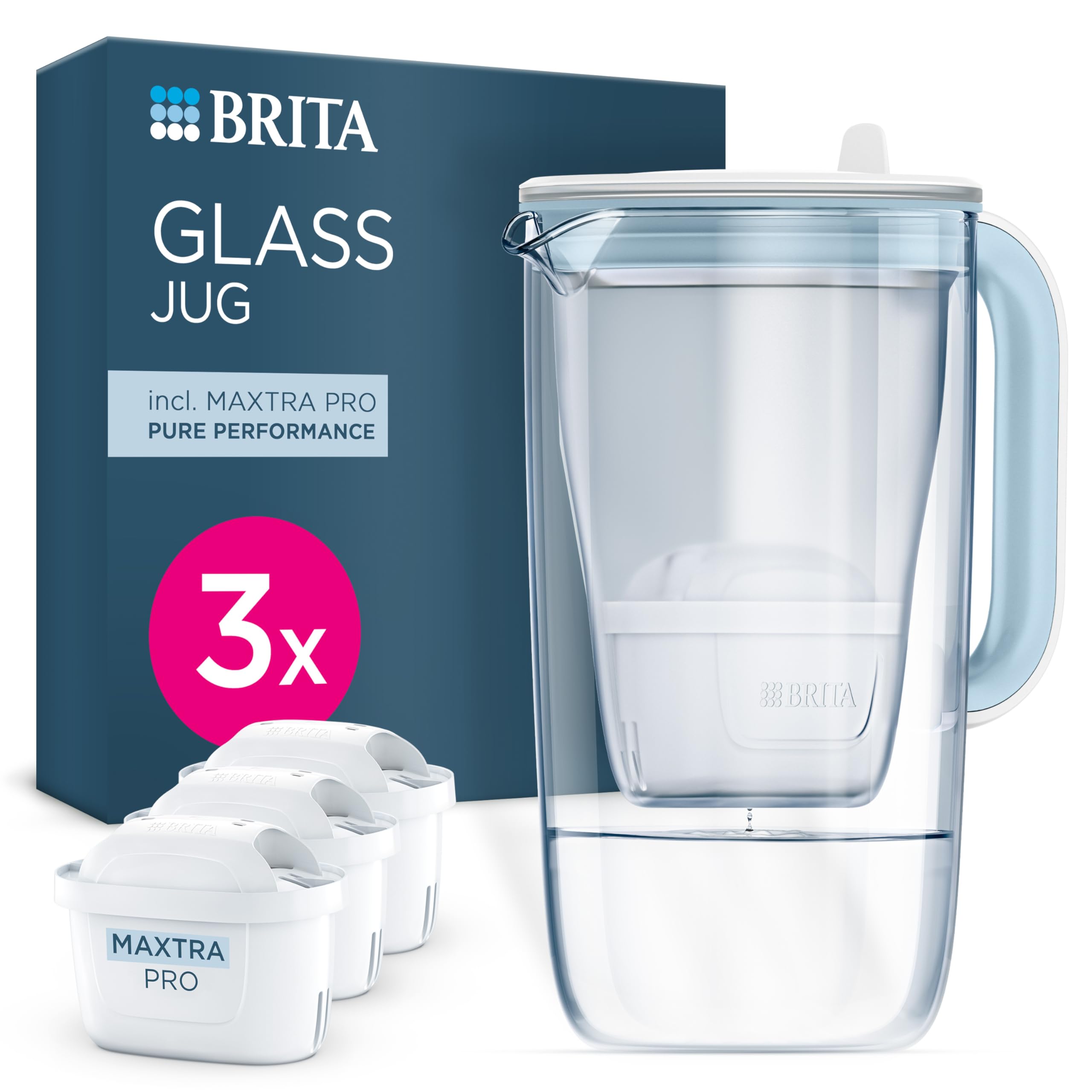 BRITA Glass Water Filter Jug Light Blue (2.5L) Starter Pack inc. 3x MAXTRA PRO Pure Performance - Premium Glass jug with