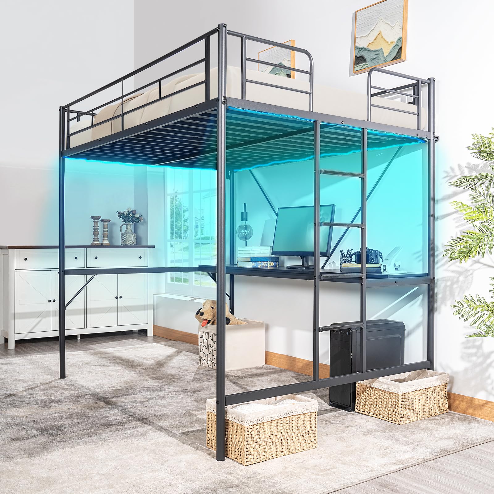 VINGLI Full Size Metal Loft Bunk Bed Frame for Kids Teens Adults with Desk Underneath,2 Charging Sta