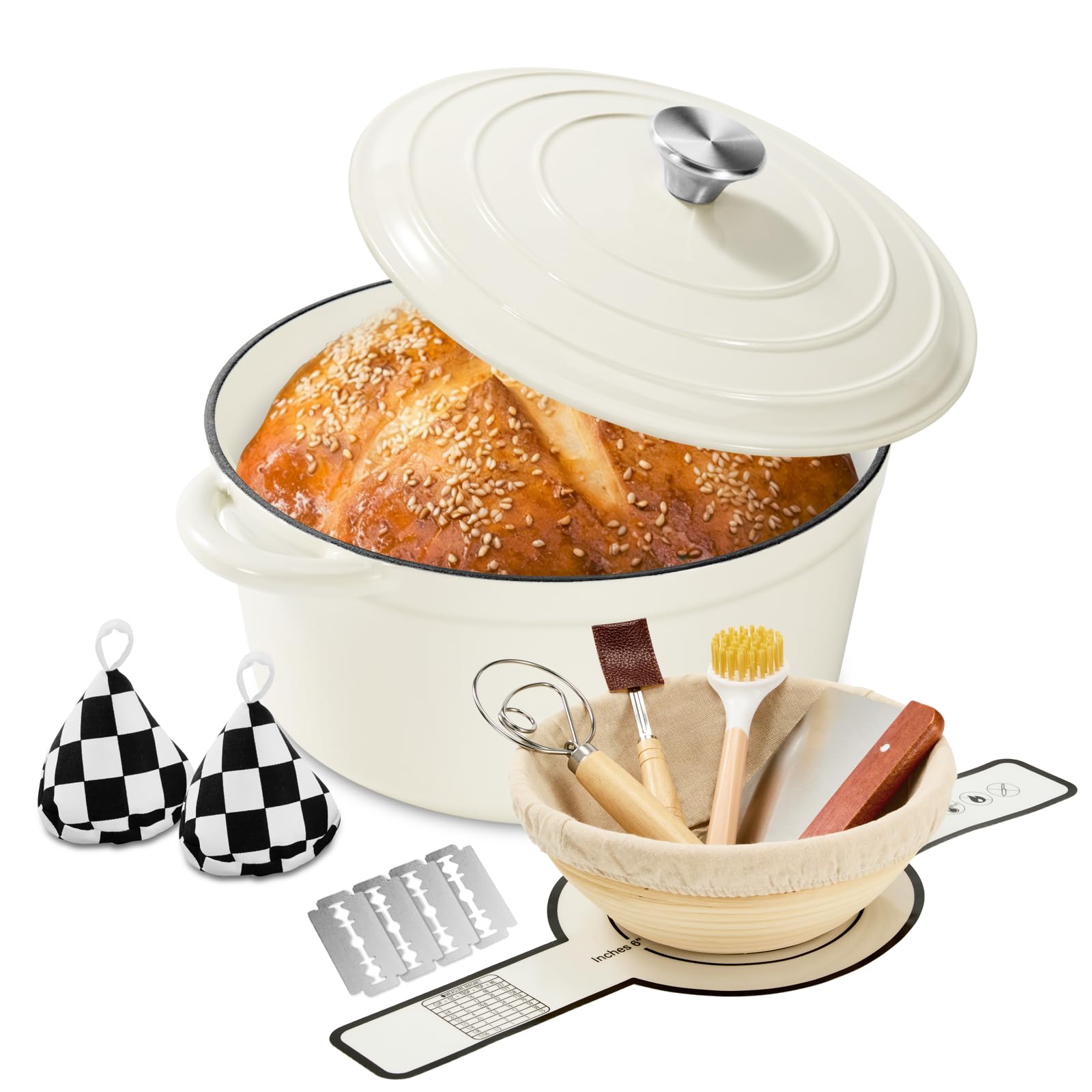 Enameled Cast Iron Dutch Oven with Lid -6.5 QT, incl. Sourdough Bread-Baking Supplies like Banneton Proofing Basket, Hea